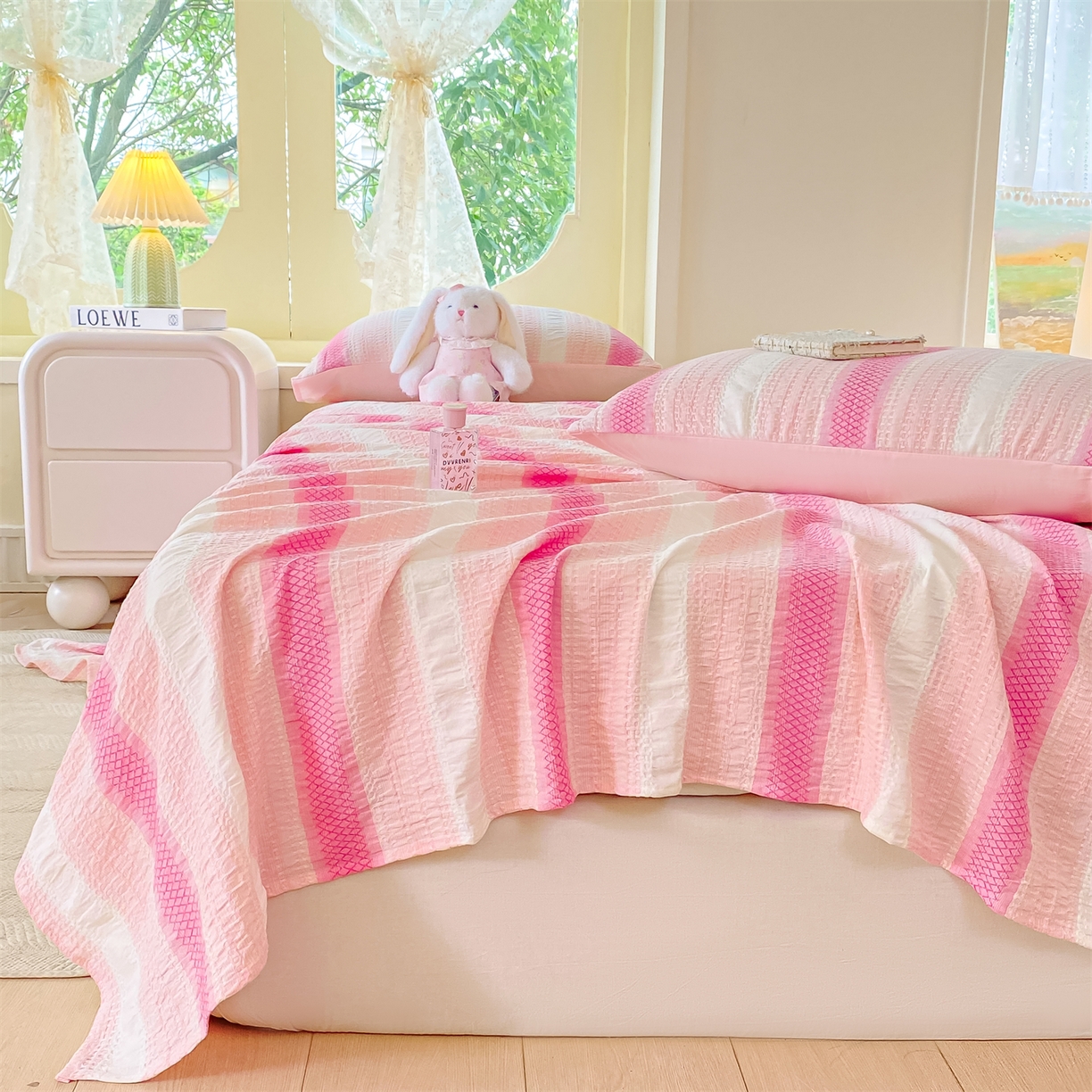 91家纺网 家纺一手货源 找家纺 灰鲸 2025新款全棉色织提花单品床单 泛歌-粉