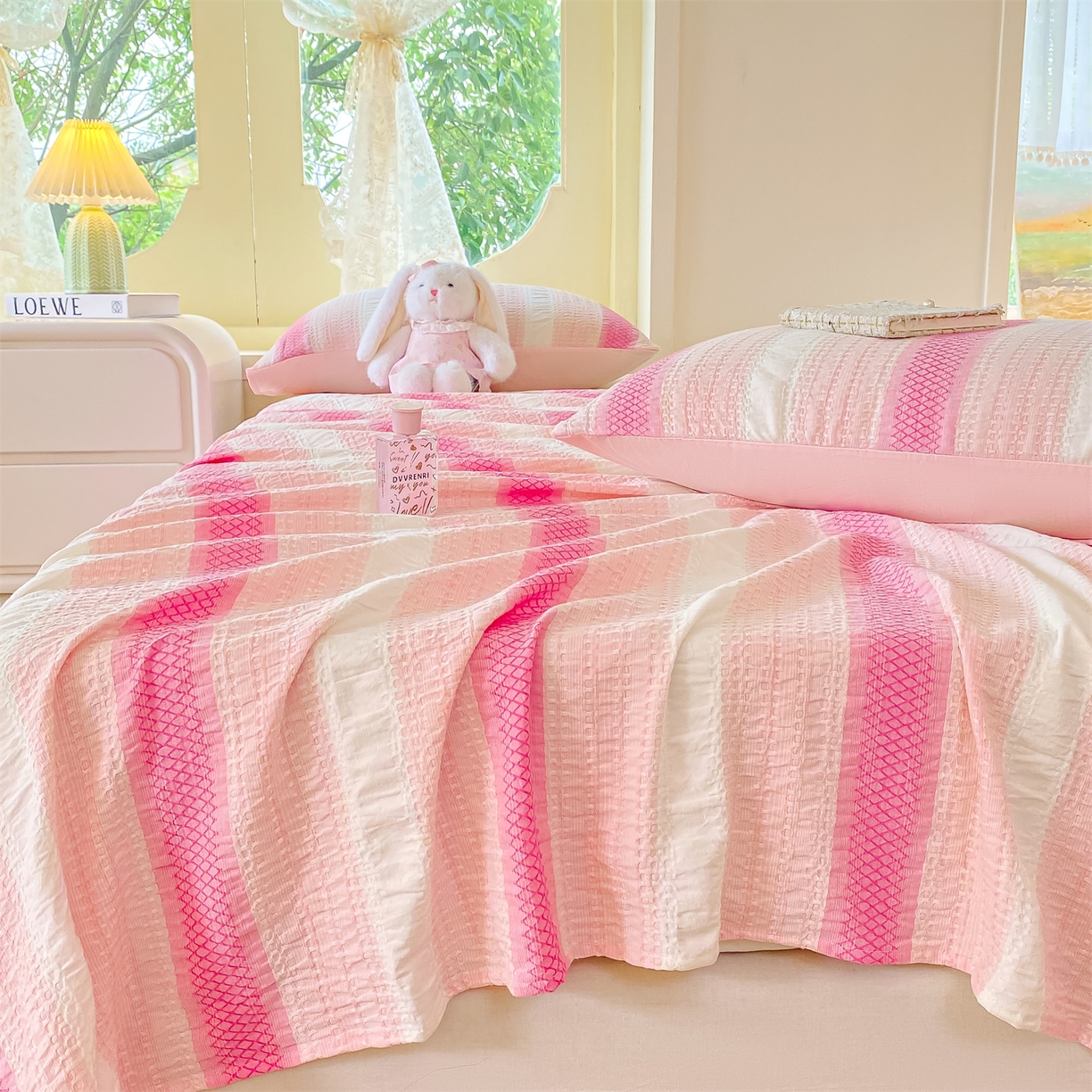 91家纺网 家纺一手货源 找家纺 灰鲸 2025新款全棉色织提花单品床单 泛歌-粉