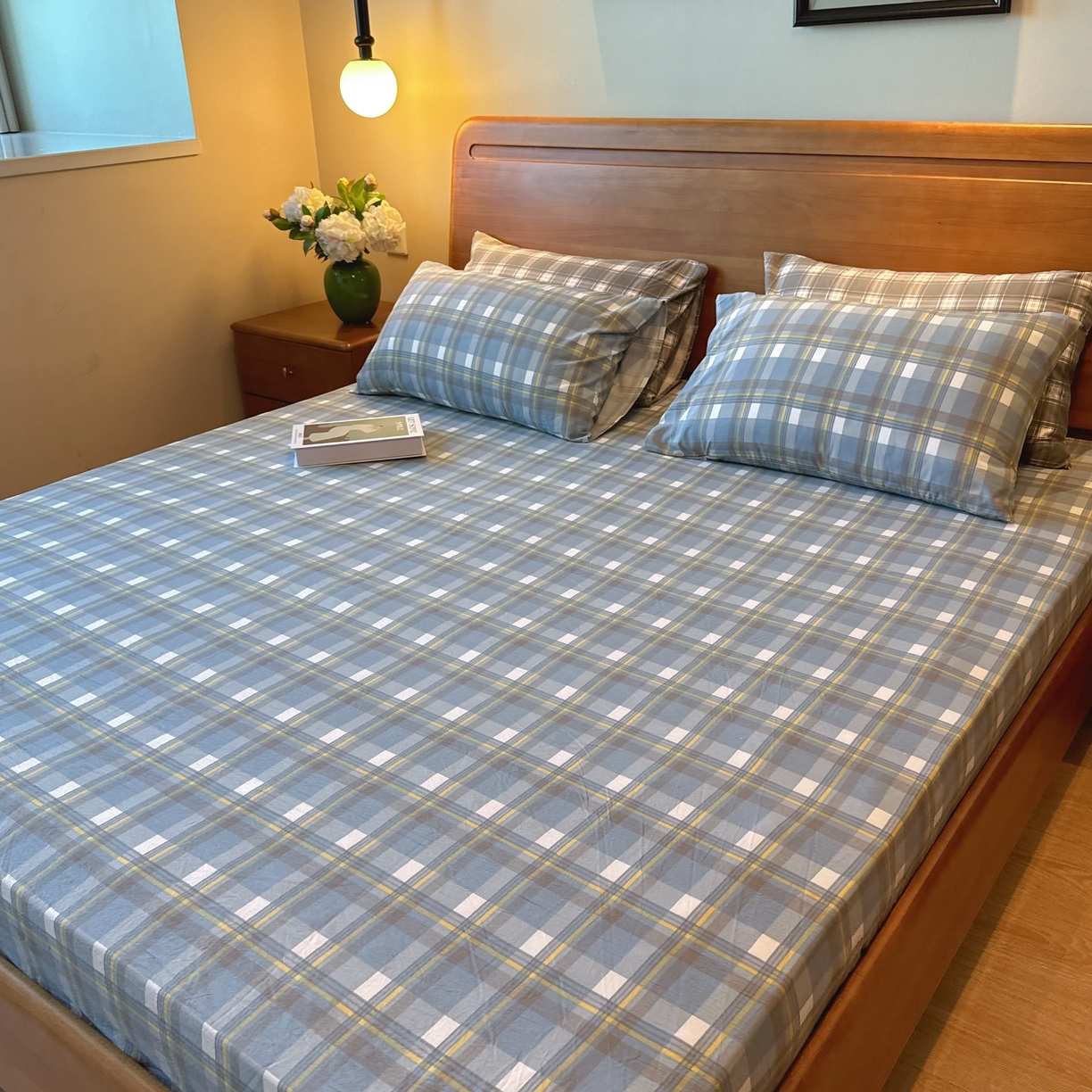 91家纺网 家纺一手货源 找家纺 兜米家居 2025新款简约轻氧水洗色织棉床笠 中格蓝