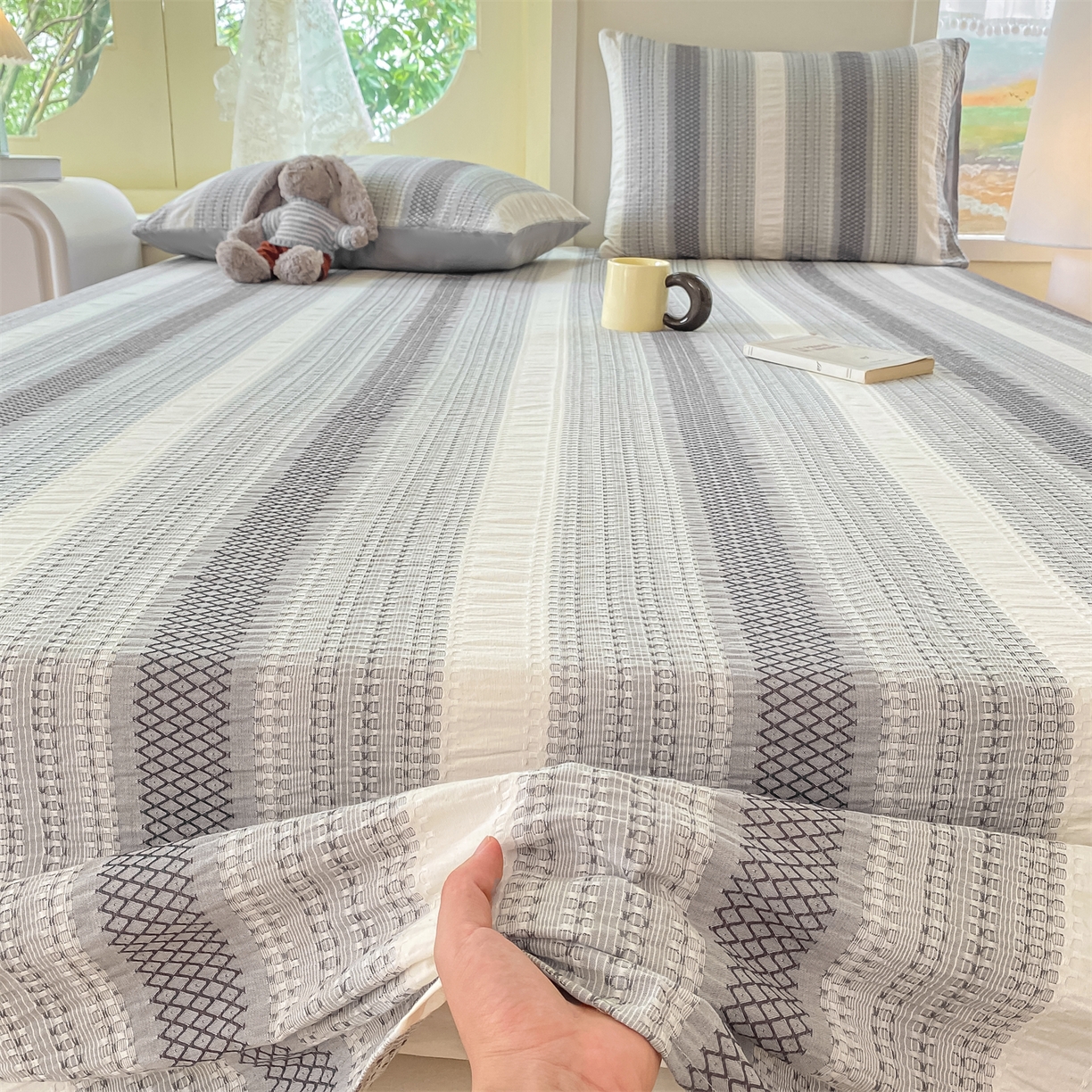 91家纺网 家纺一手货源 找家纺 灰鲸 2025新款全棉色织提花单品床单 泛歌-灰