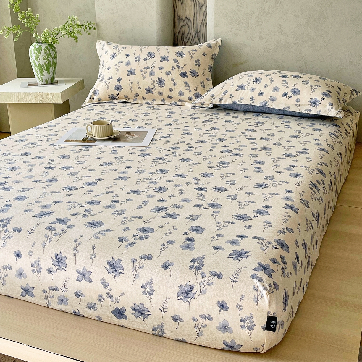 91家纺网 家纺一手货源 找家纺 宝士康家纺 2025新款10A抗菌原麻床笠套件/跨境/外贸 水墨江南