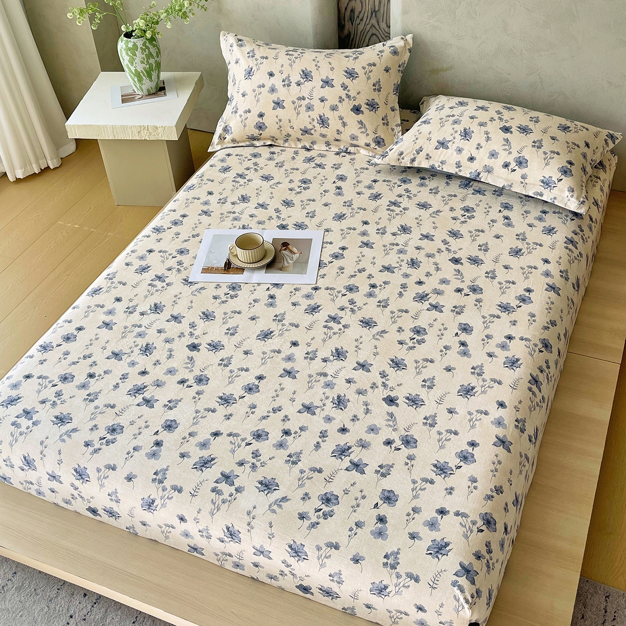 91家纺网 家纺一手货源 找家纺 宝士康家纺 2025新款10A抗菌原麻床笠套件/跨境/外贸 水墨江南