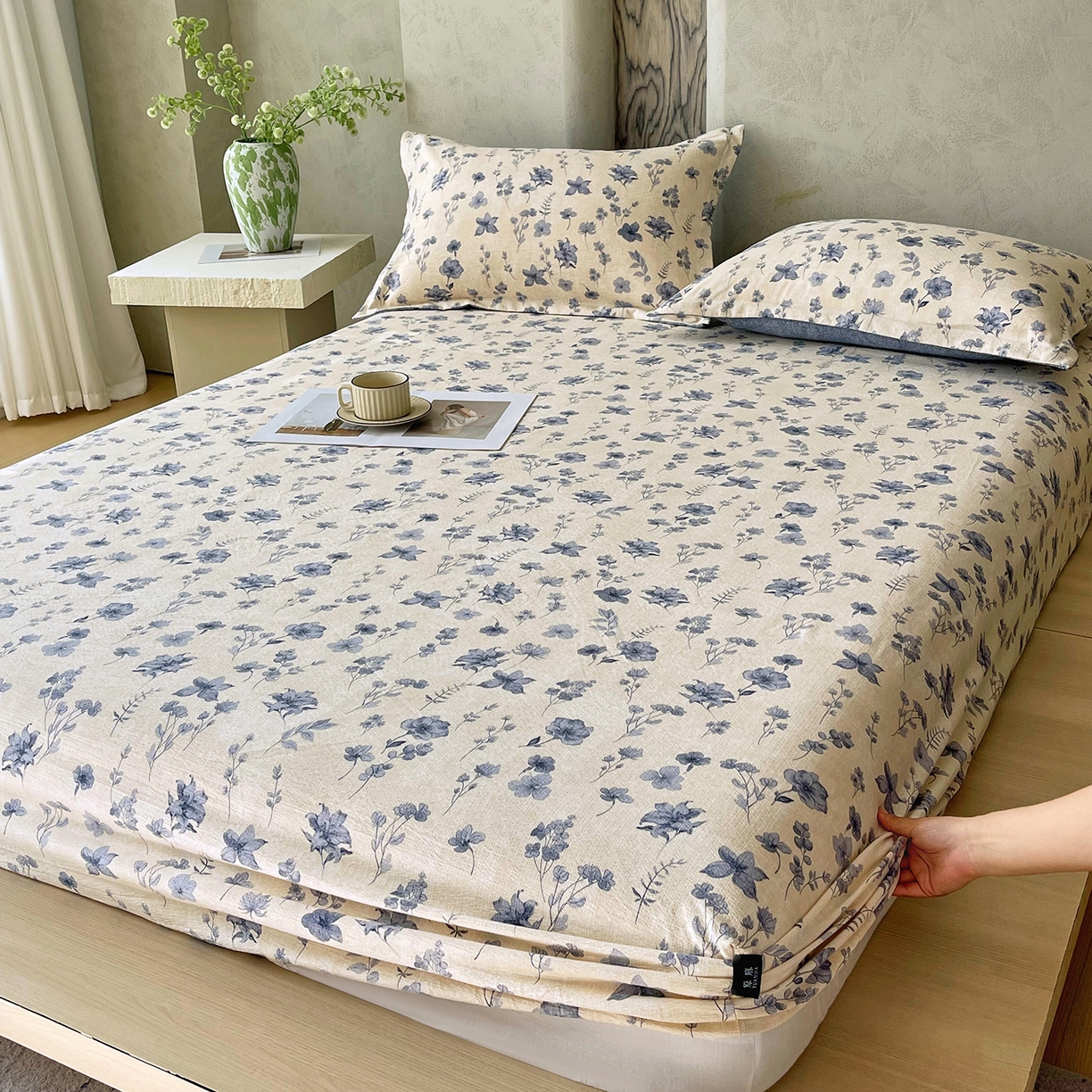 91家纺网 家纺一手货源 找家纺 宝士康家纺 2025新款10A抗菌原麻床笠套件/跨境/外贸 水墨江南