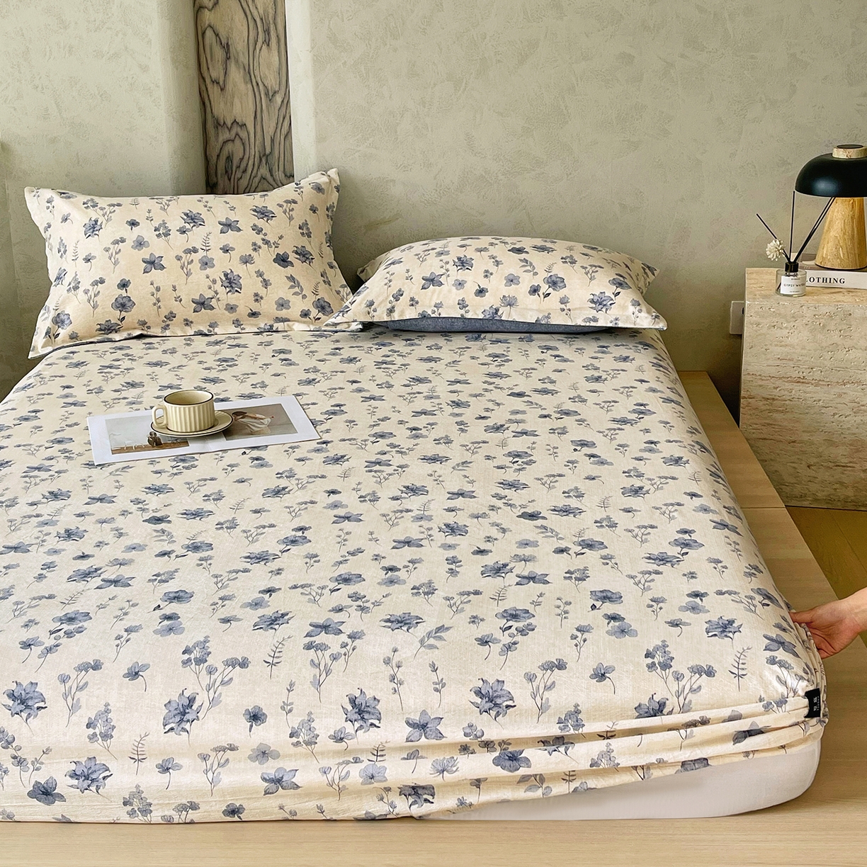 91家纺网 家纺一手货源 找家纺 宝士康家纺 2025新款10A抗菌原麻床笠套件/跨境/外贸 水墨江南