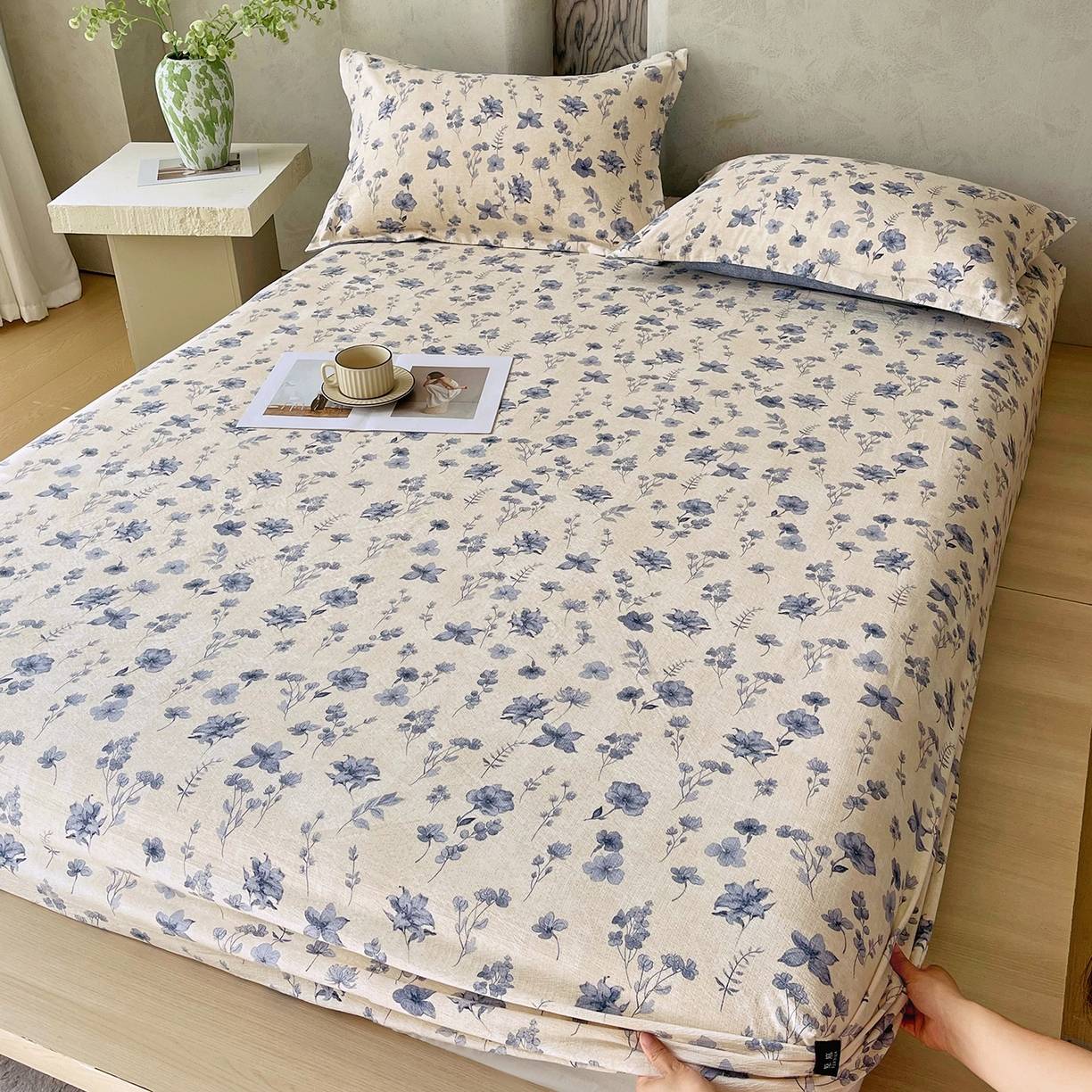 91家纺网 家纺一手货源 找家纺 宝士康家纺 2025新款10A抗菌原麻床笠套件/跨境/外贸 水墨江南