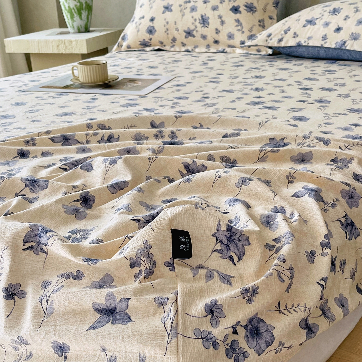 91家纺网 家纺一手货源 找家纺 宝士康家纺 2025新款10A抗菌原麻床笠套件/跨境/外贸 水墨江南