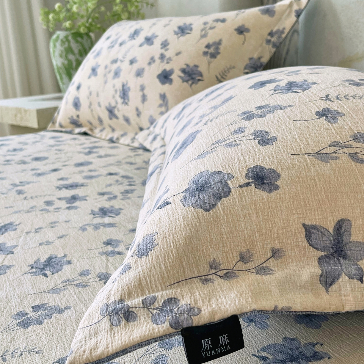 91家纺网 家纺一手货源 找家纺 宝士康家纺 2025新款10A抗菌原麻床笠套件/跨境/外贸 水墨江南