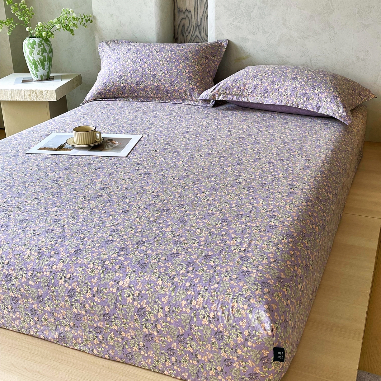 91家纺网 家纺一手货源 找家纺 宝士康家纺 2025新款10A抗菌原麻床笠套件/跨境/外贸 甜蜜紫园