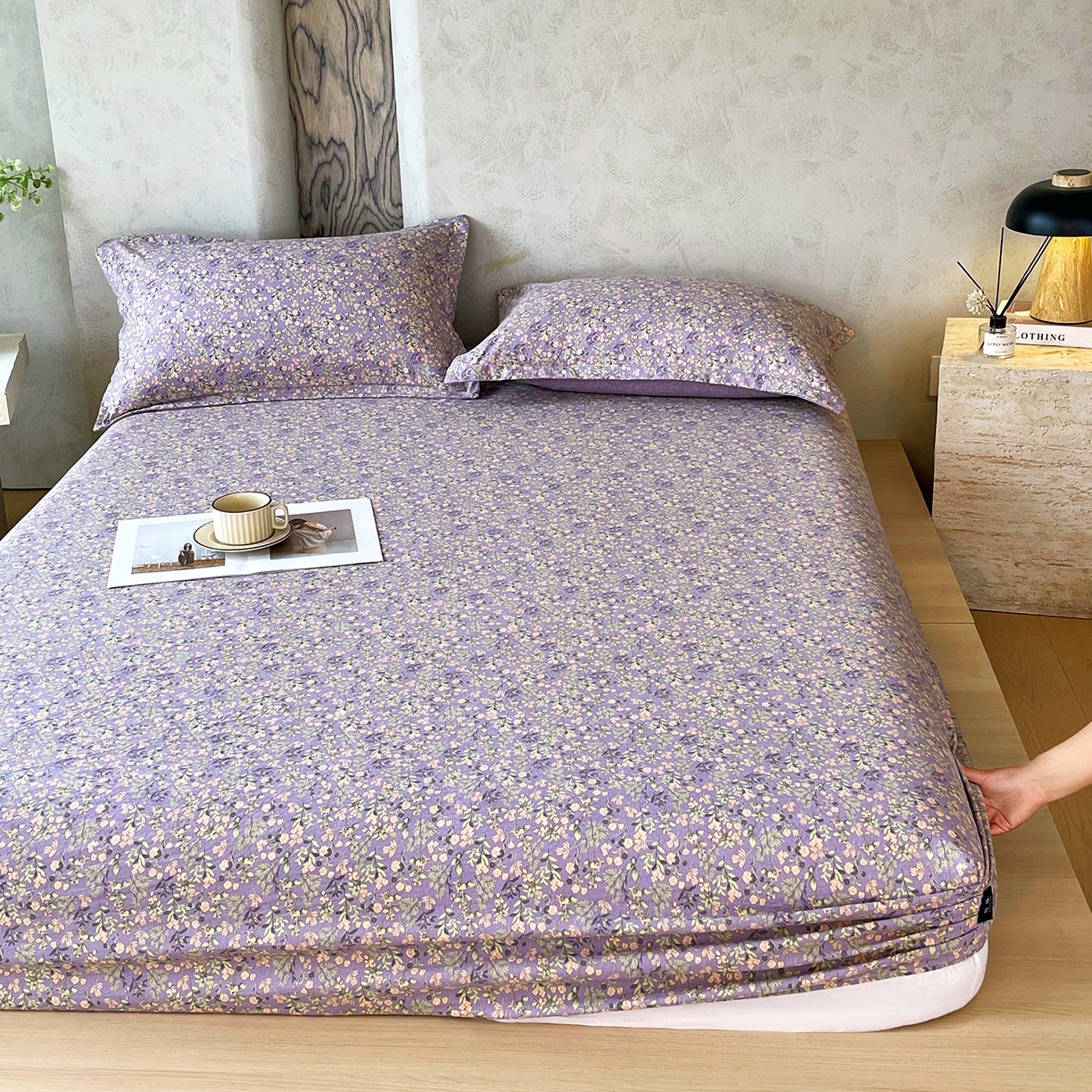 91家纺网 家纺一手货源 找家纺 宝士康家纺 2025新款10A抗菌原麻床笠套件/跨境/外贸 甜蜜紫园