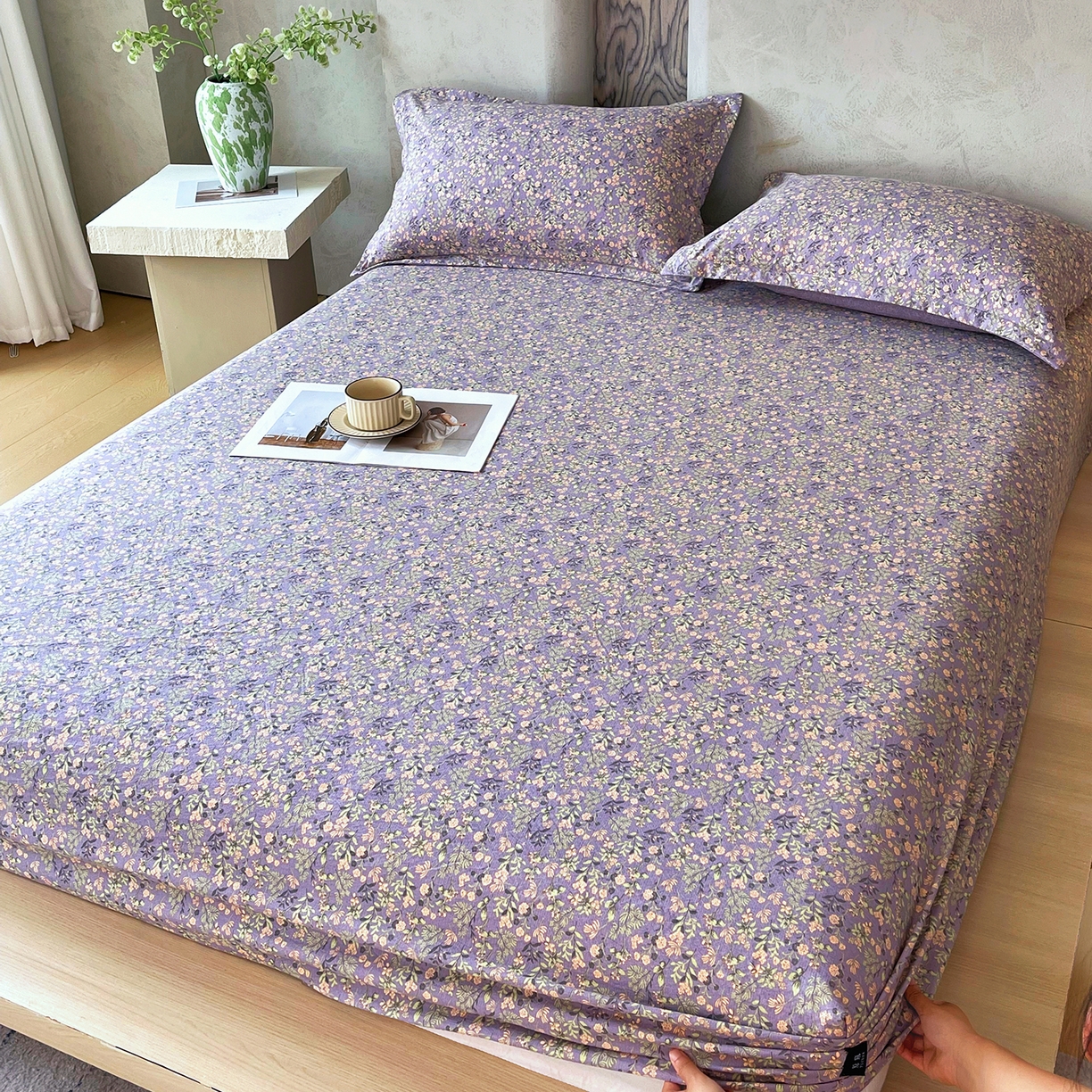 91家纺网 家纺一手货源 找家纺 宝士康家纺 2025新款10A抗菌原麻床笠套件/跨境/外贸 甜蜜紫园