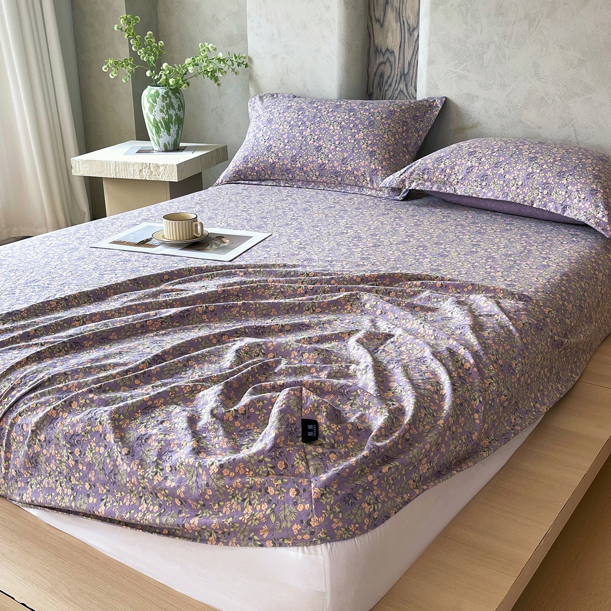 91家纺网 家纺一手货源 找家纺 宝士康家纺 2025新款10A抗菌原麻床笠套件/跨境/外贸 甜蜜紫园