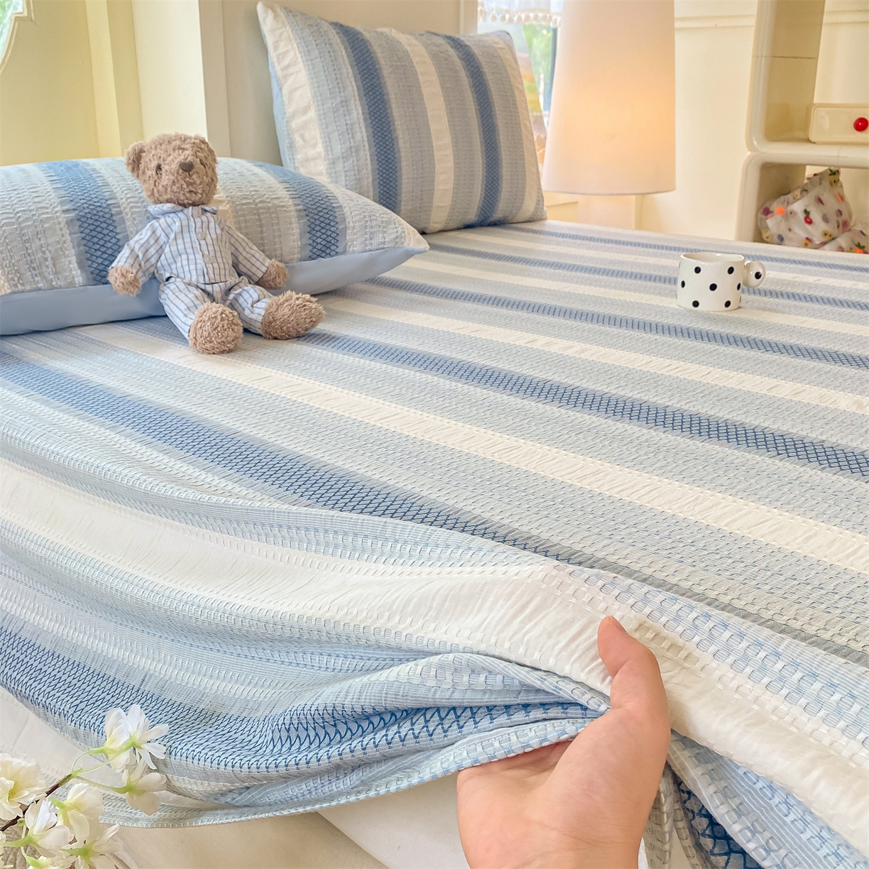 灰鲸 2025新款全棉色织提花单品床单 泛歌-蓝