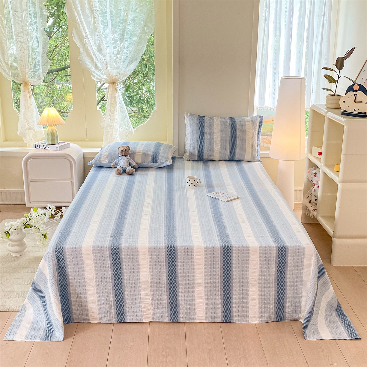 91家纺网 家纺一手货源 找家纺 灰鲸 2025新款全棉色织提花单品床单 泛歌-蓝