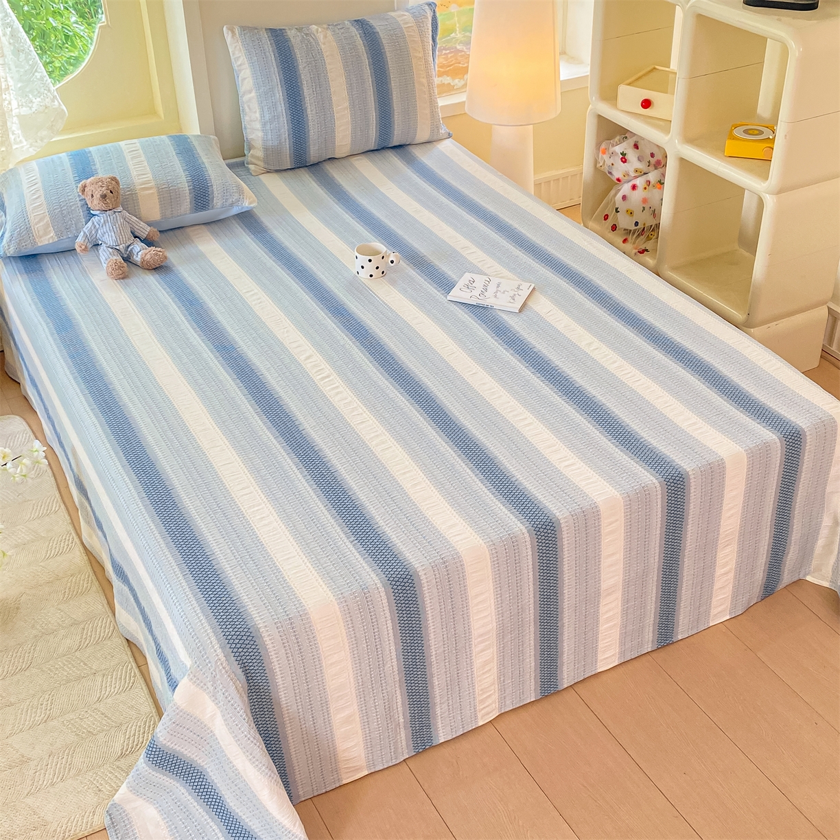 91家纺网 家纺一手货源 找家纺 灰鲸 2025新款全棉色织提花单品床单 泛歌-蓝