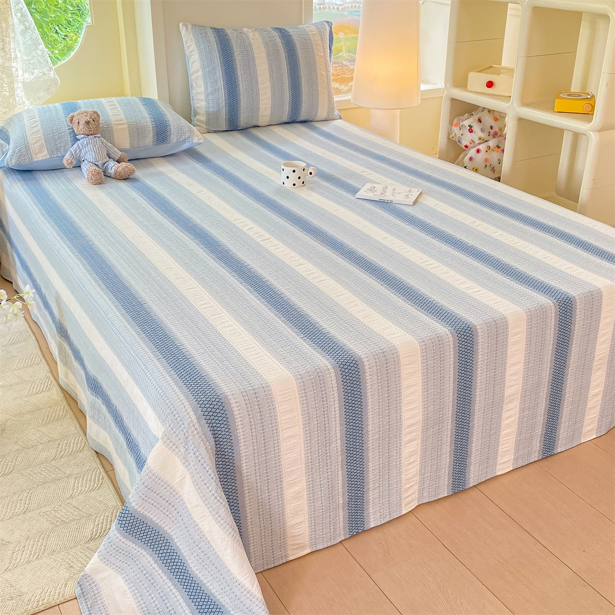 91家纺网 家纺一手货源 找家纺 灰鲸 2025新款全棉色织提花单品床单 泛歌-蓝