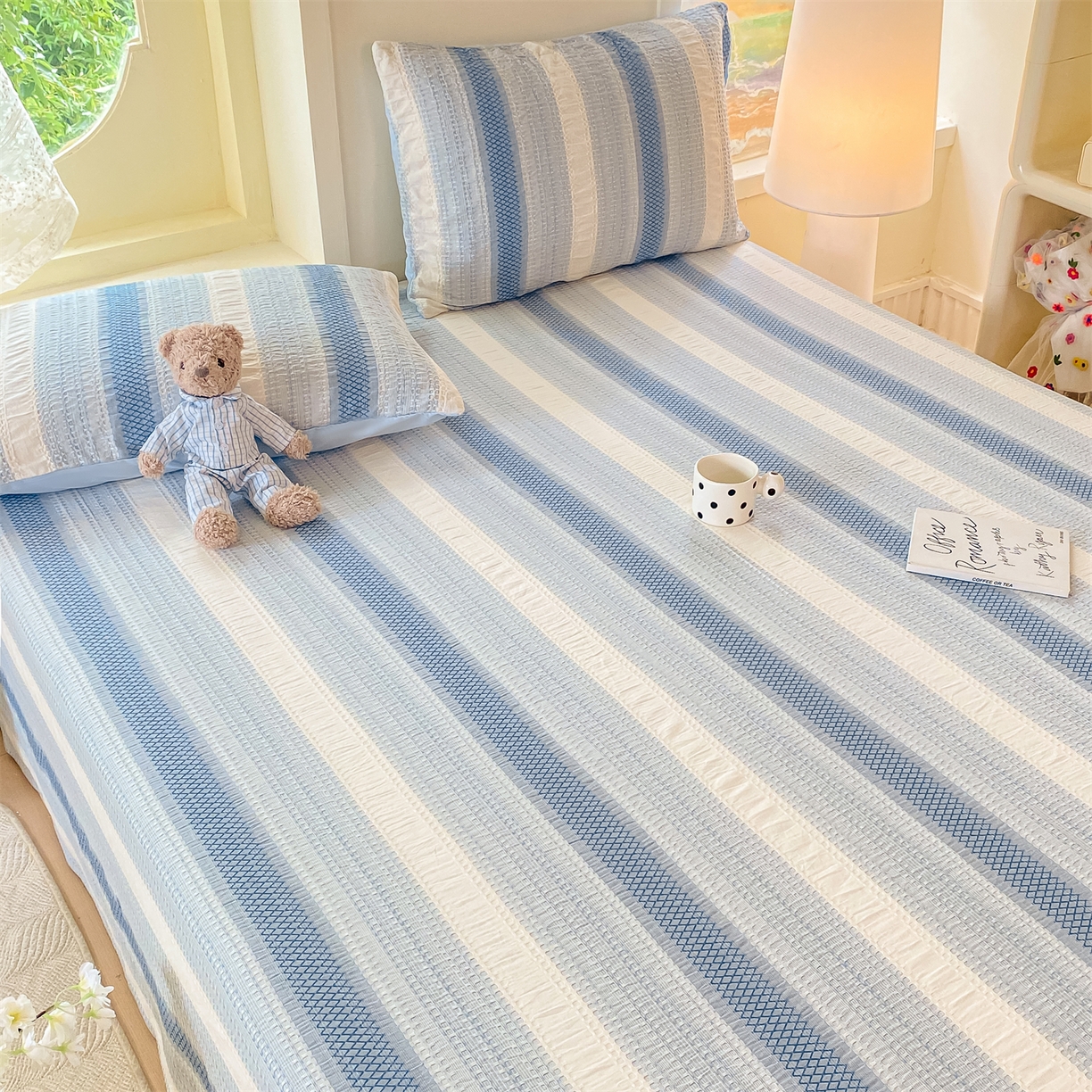 91家纺网 家纺一手货源 找家纺 灰鲸 2025新款全棉色织提花单品床单 泛歌-蓝