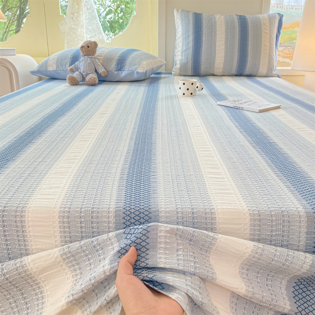 91家纺网 家纺一手货源 找家纺 灰鲸 2025新款全棉色织提花单品床单 泛歌-蓝