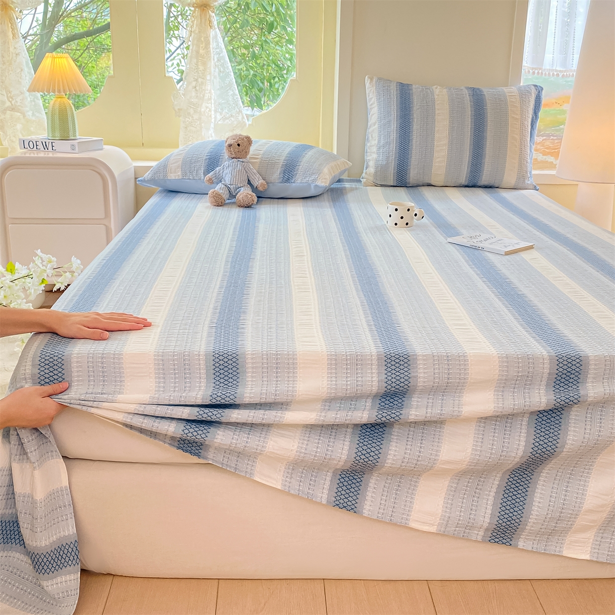 91家纺网 家纺一手货源 找家纺 灰鲸 2025新款全棉色织提花单品床单 泛歌-蓝