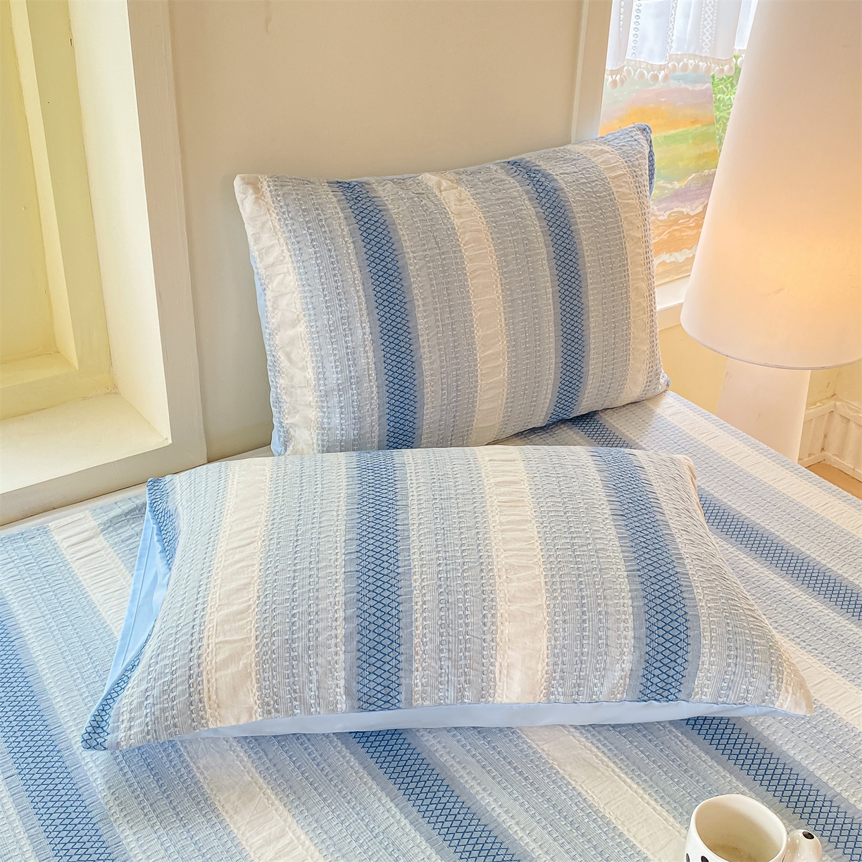 91家纺网 家纺一手货源 找家纺 灰鲸 2025新款全棉色织提花单品床单 泛歌-蓝