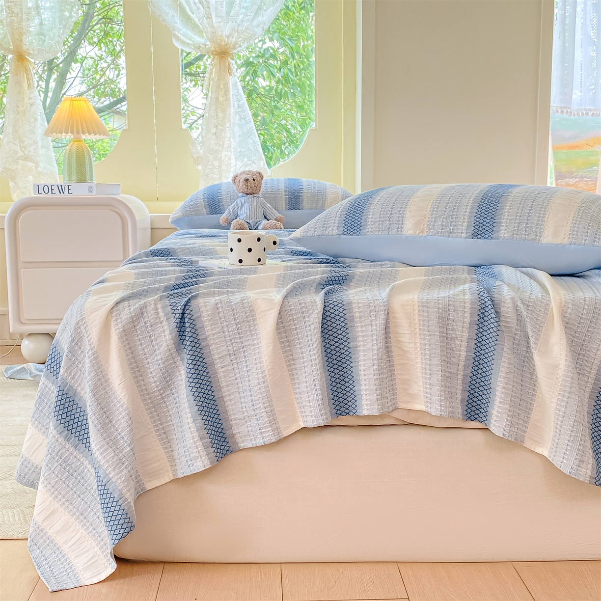 91家纺网 家纺一手货源 找家纺 灰鲸 2025新款全棉色织提花单品床单 泛歌-蓝