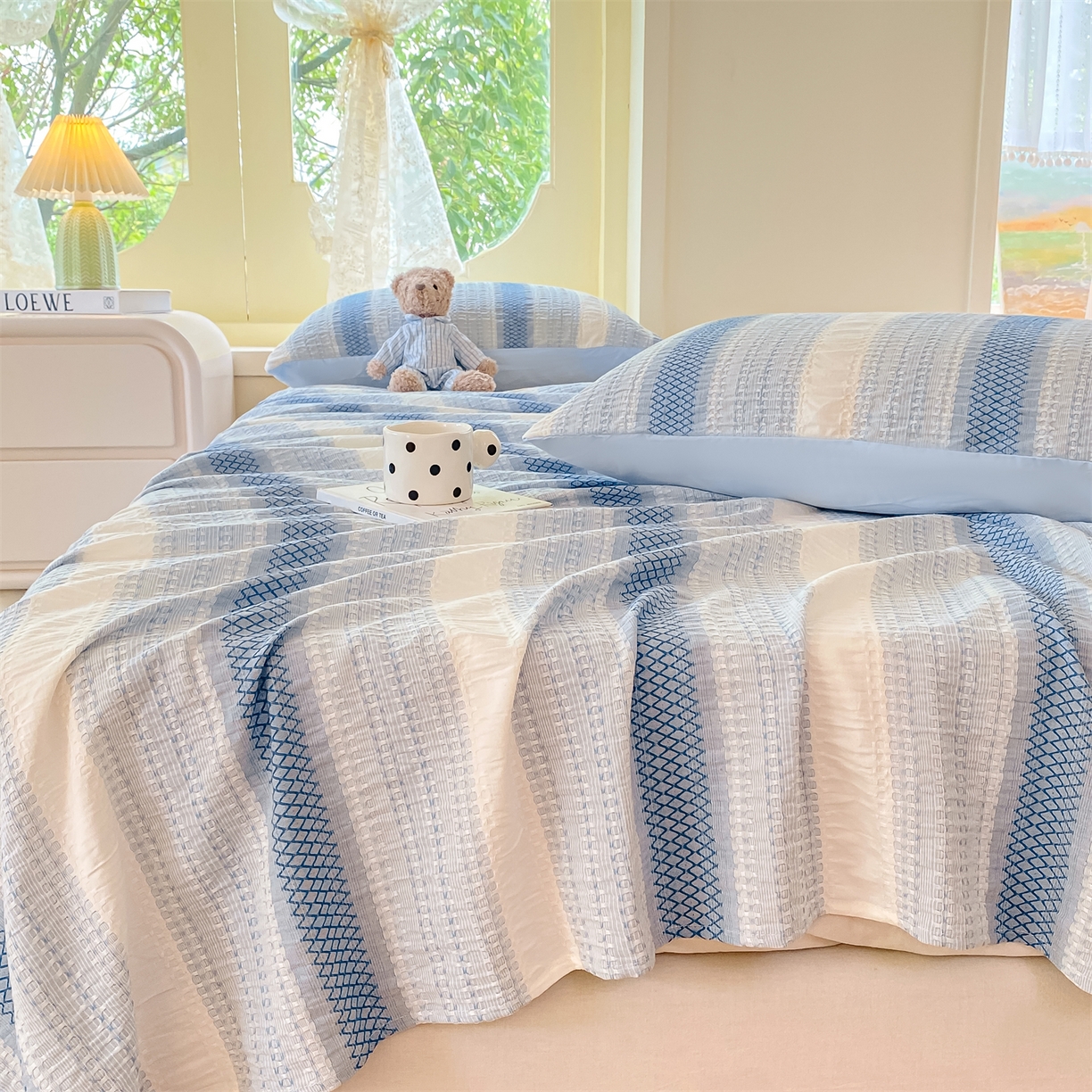 91家纺网 家纺一手货源 找家纺 灰鲸 2025新款全棉色织提花单品床单 泛歌-蓝