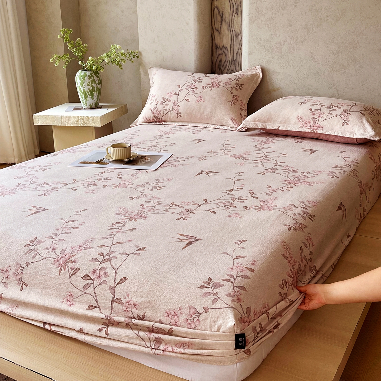 91家纺网 家纺一手货源 找家纺 宝士康家纺 2025新款10A抗菌原麻床笠套件/跨境/外贸 雁南飞