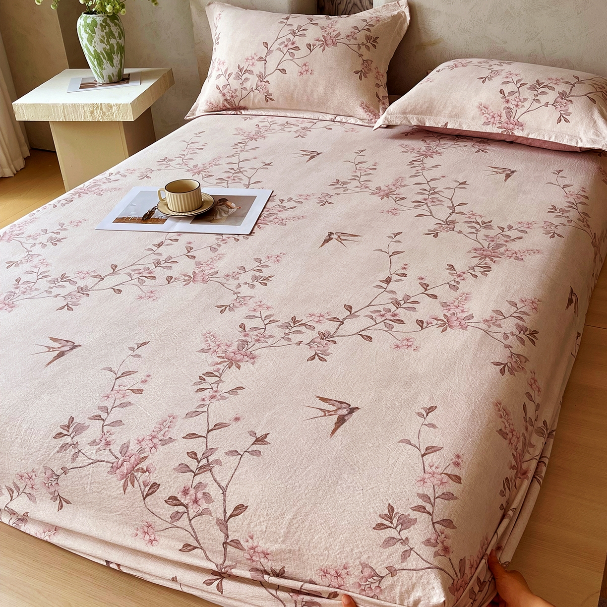 91家纺网 家纺一手货源 找家纺 宝士康家纺 2025新款10A抗菌原麻床笠套件/跨境/外贸 雁南飞