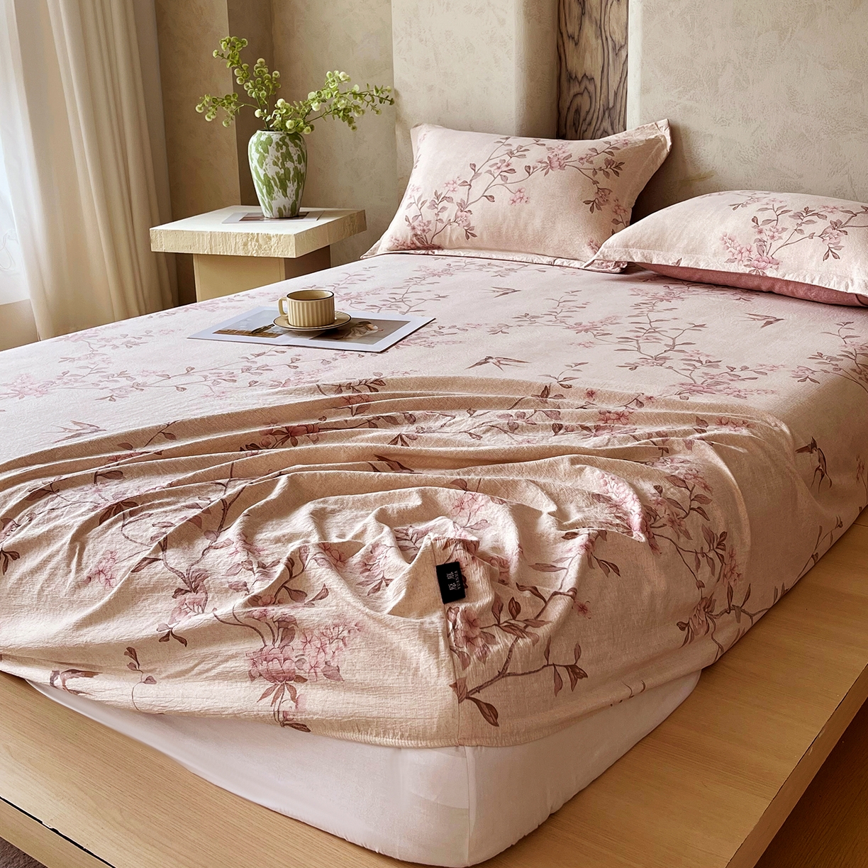 91家纺网 家纺一手货源 找家纺 宝士康家纺 2025新款10A抗菌原麻床笠套件/跨境/外贸 雁南飞