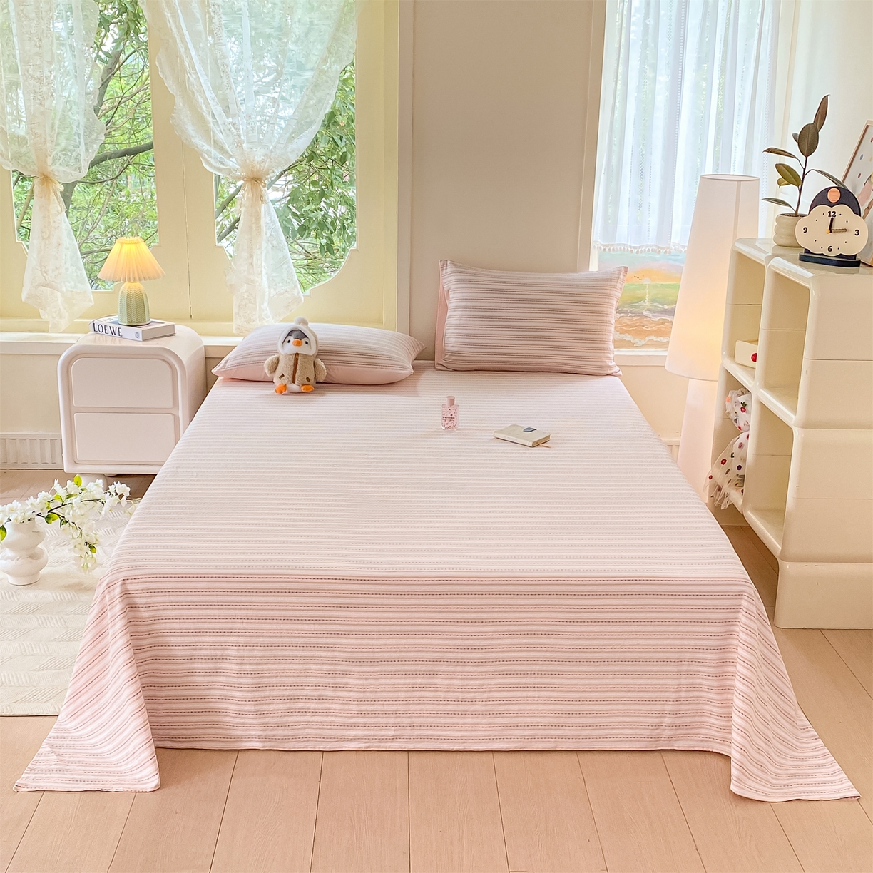 91家纺网 家纺一手货源 找家纺 灰鲸 2025新款全棉色织提花单品床单 美拉-粉