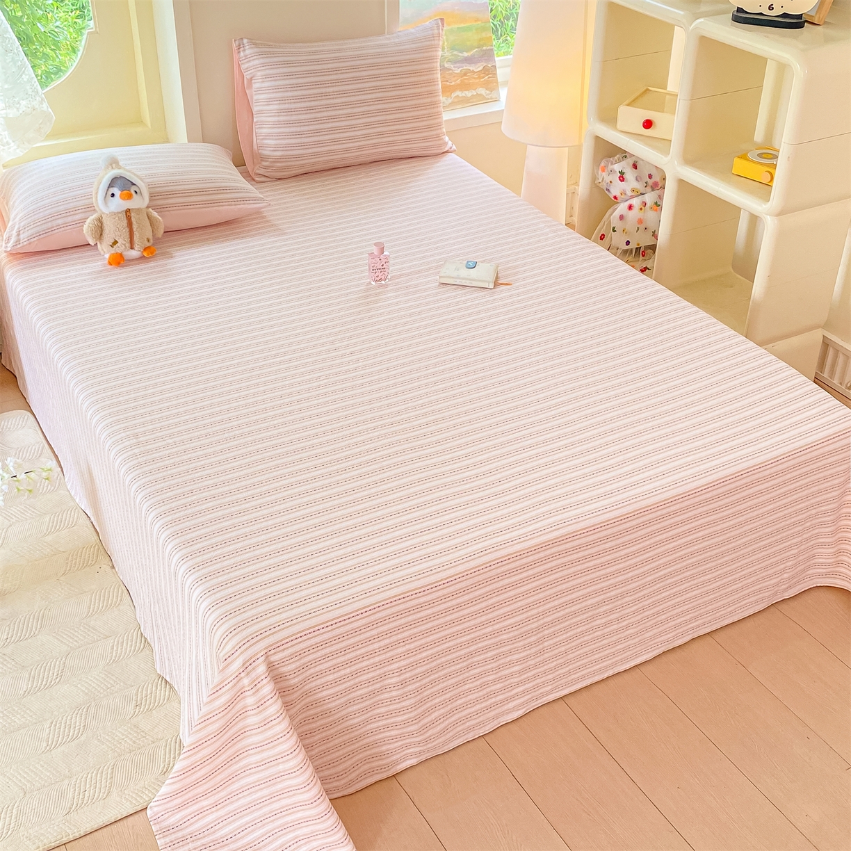 91家纺网 家纺一手货源 找家纺 灰鲸 2025新款全棉色织提花单品床单 美拉-粉