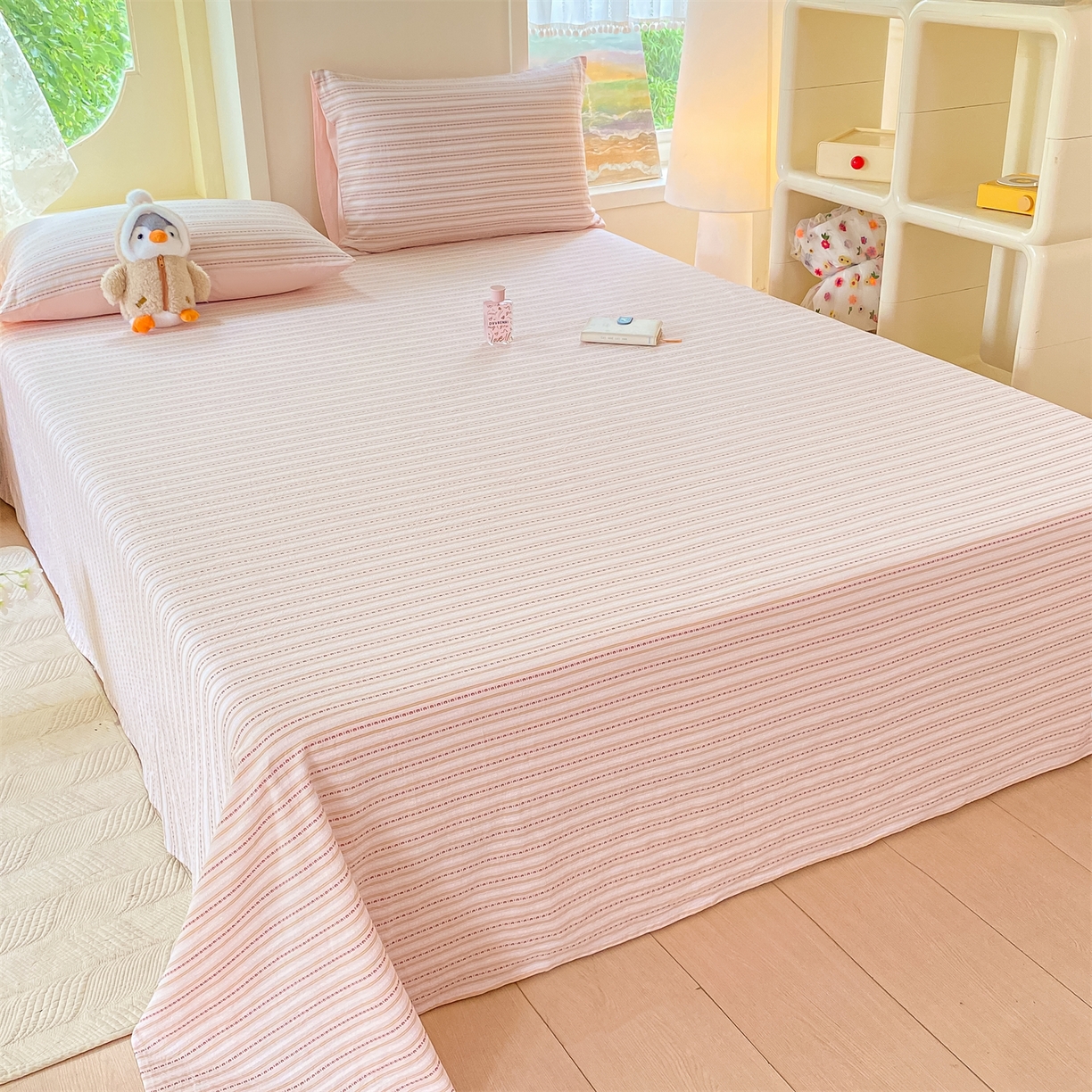 91家纺网 家纺一手货源 找家纺 灰鲸 2025新款全棉色织提花单品床单 美拉-粉