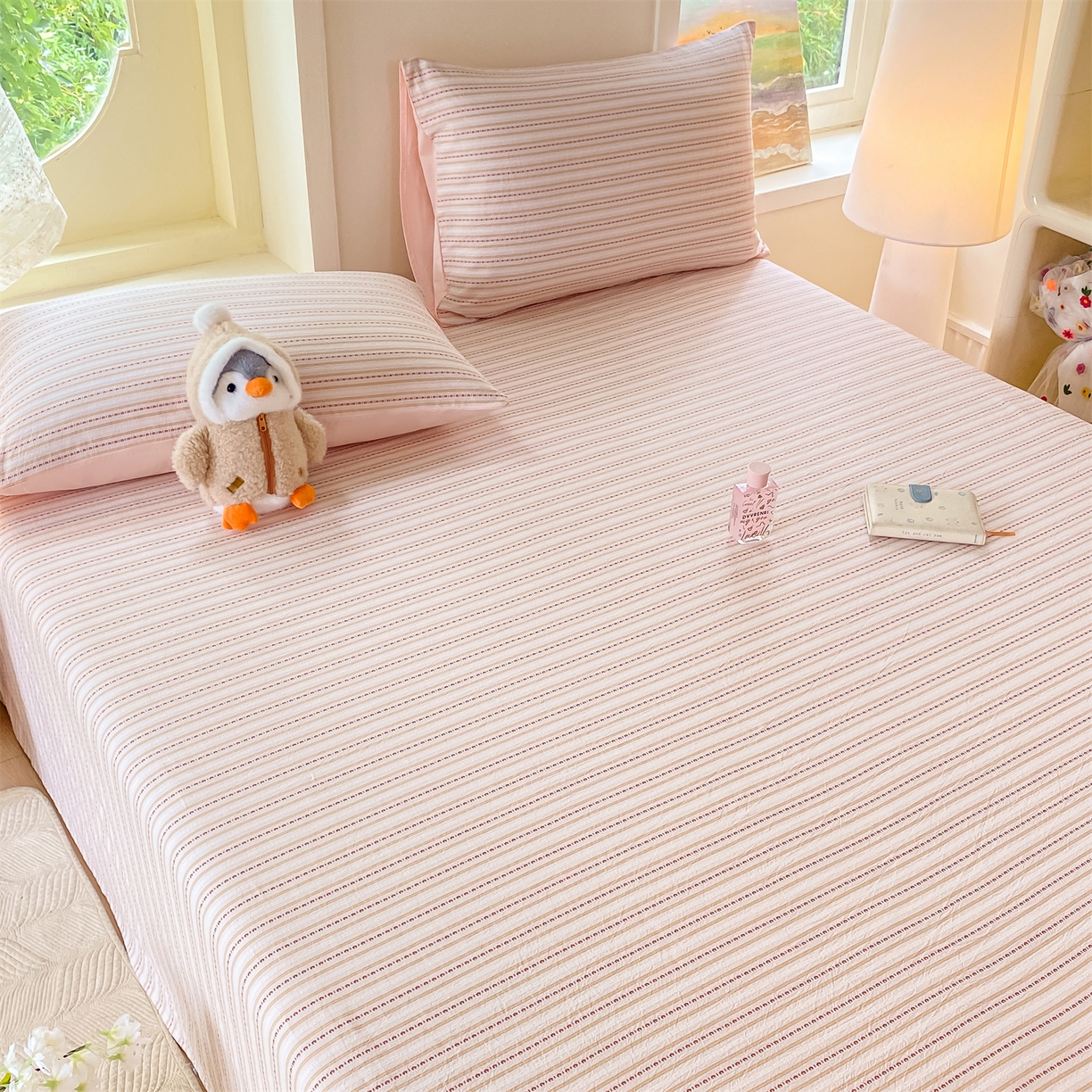 91家纺网 家纺一手货源 找家纺 灰鲸 2025新款全棉色织提花单品床单 美拉-粉