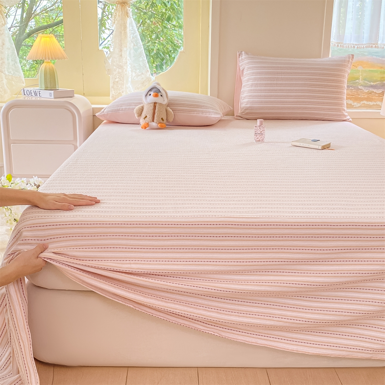 91家纺网 家纺一手货源 找家纺 灰鲸 2025新款全棉色织提花单品床单 美拉-粉