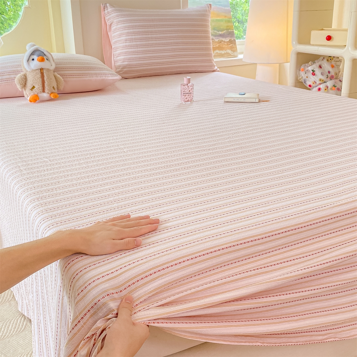 91家纺网 家纺一手货源 找家纺 灰鲸 2025新款全棉色织提花单品床单 美拉-粉