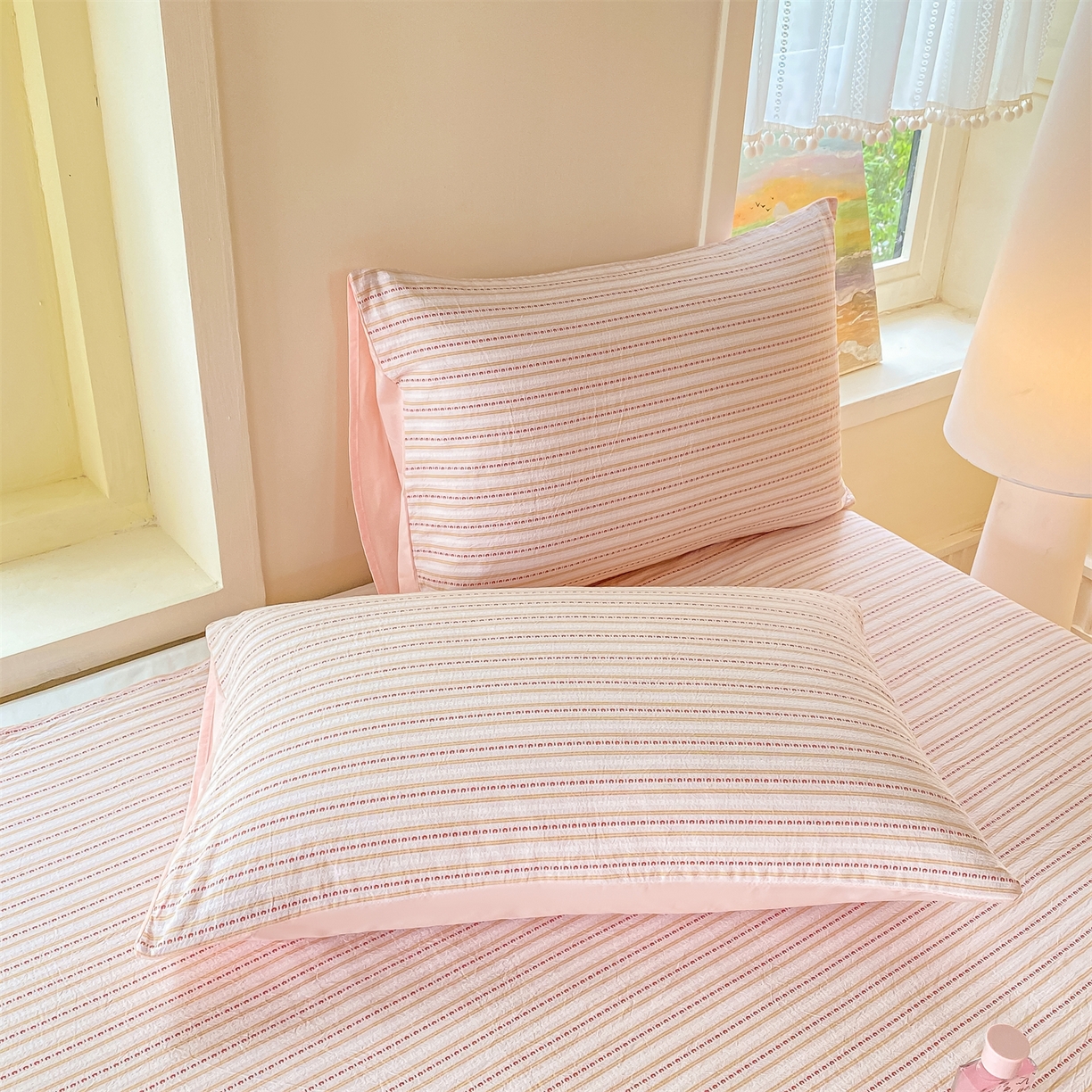 91家纺网 家纺一手货源 找家纺 灰鲸 2025新款全棉色织提花单品床单 美拉-粉