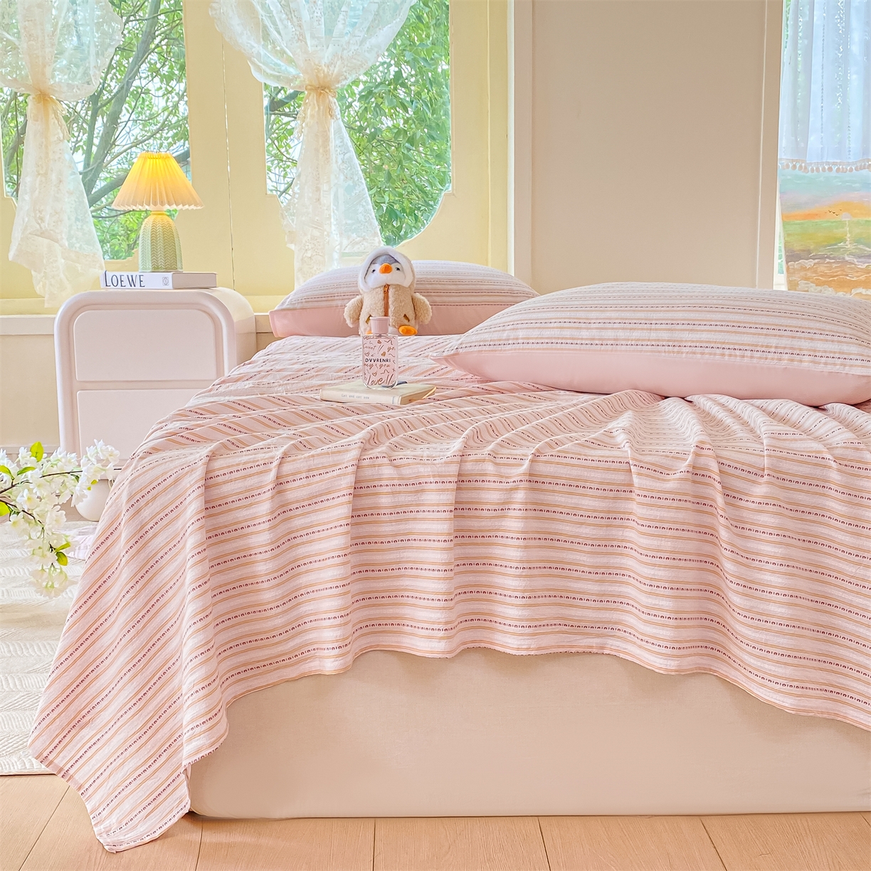 91家纺网 家纺一手货源 找家纺 灰鲸 2025新款全棉色织提花单品床单 美拉-粉