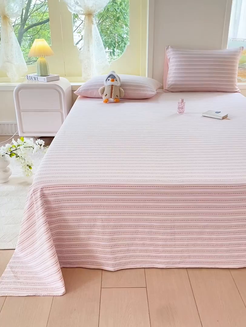 91家纺网 家纺一手货源 找家纺 灰鲸 2025新款全棉色织提花单品床单 美拉-粉