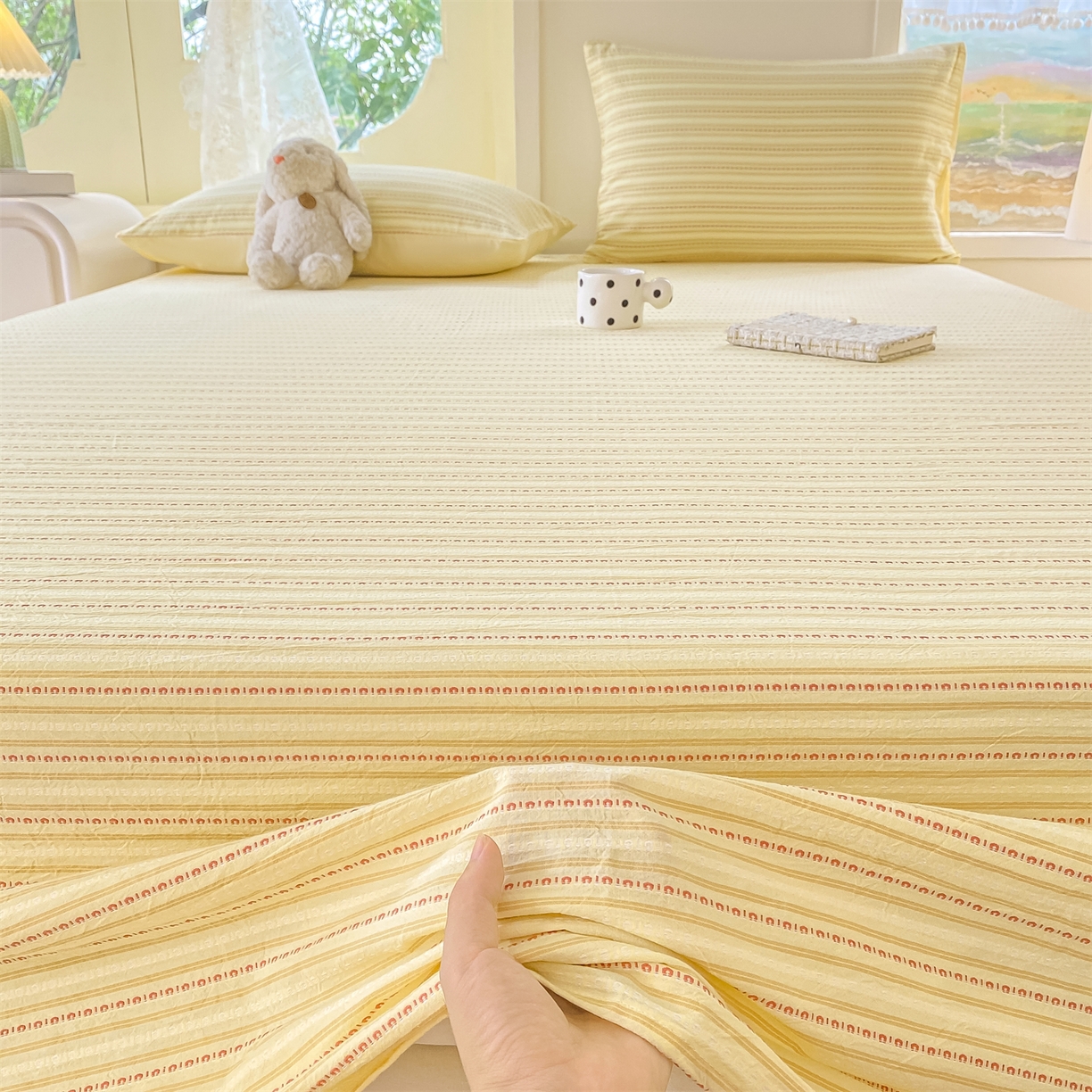 91家纺网 家纺一手货源 找家纺 灰鲸 2025新款全棉色织提花单品床单 美拉-黄