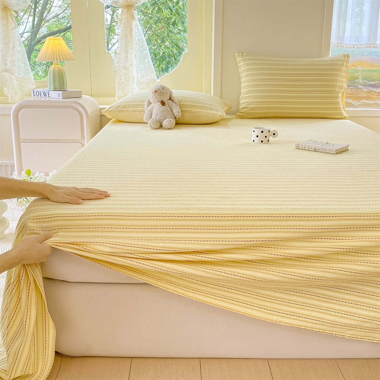 91家纺网 家纺一手货源 找家纺 灰鲸 2025新款全棉色织提花单品床单 美拉-黄