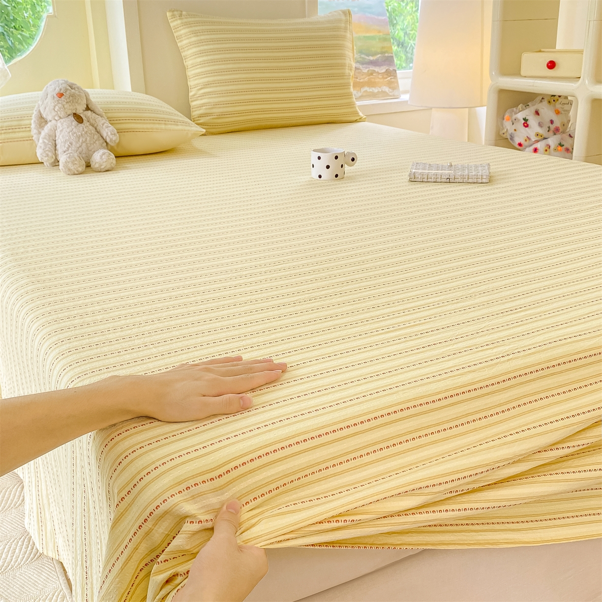 91家纺网 家纺一手货源 找家纺 灰鲸 2025新款全棉色织提花单品床单 美拉-黄