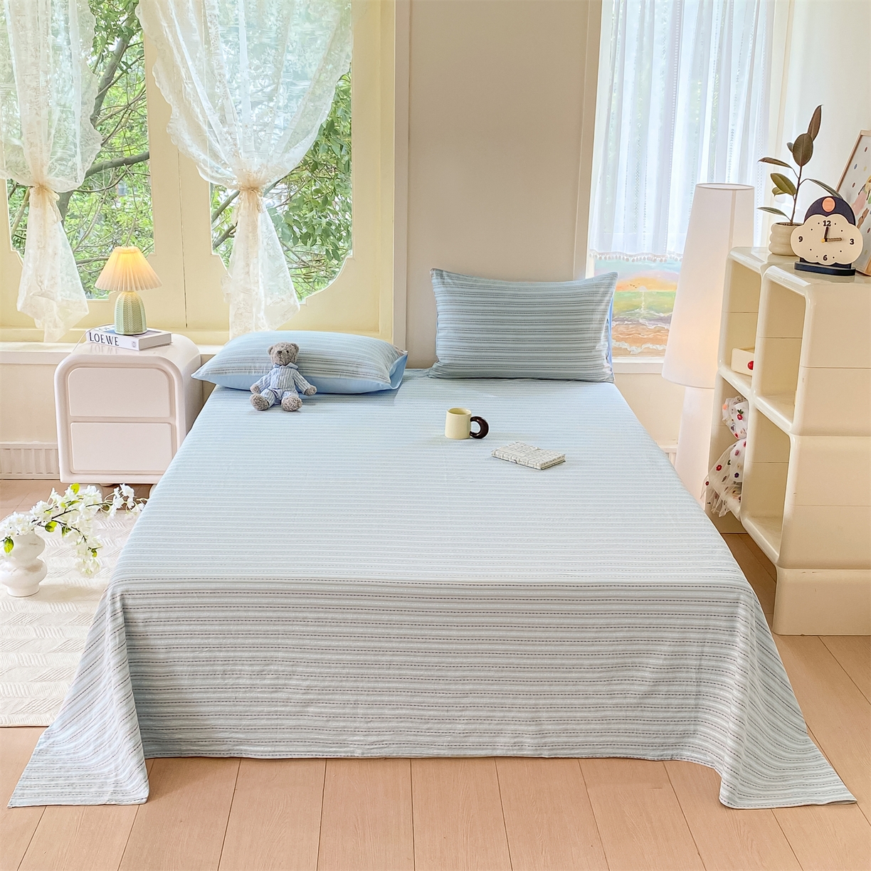 91家纺网 家纺一手货源 找家纺 灰鲸 2025新款全棉色织提花单品床单 美拉-蓝