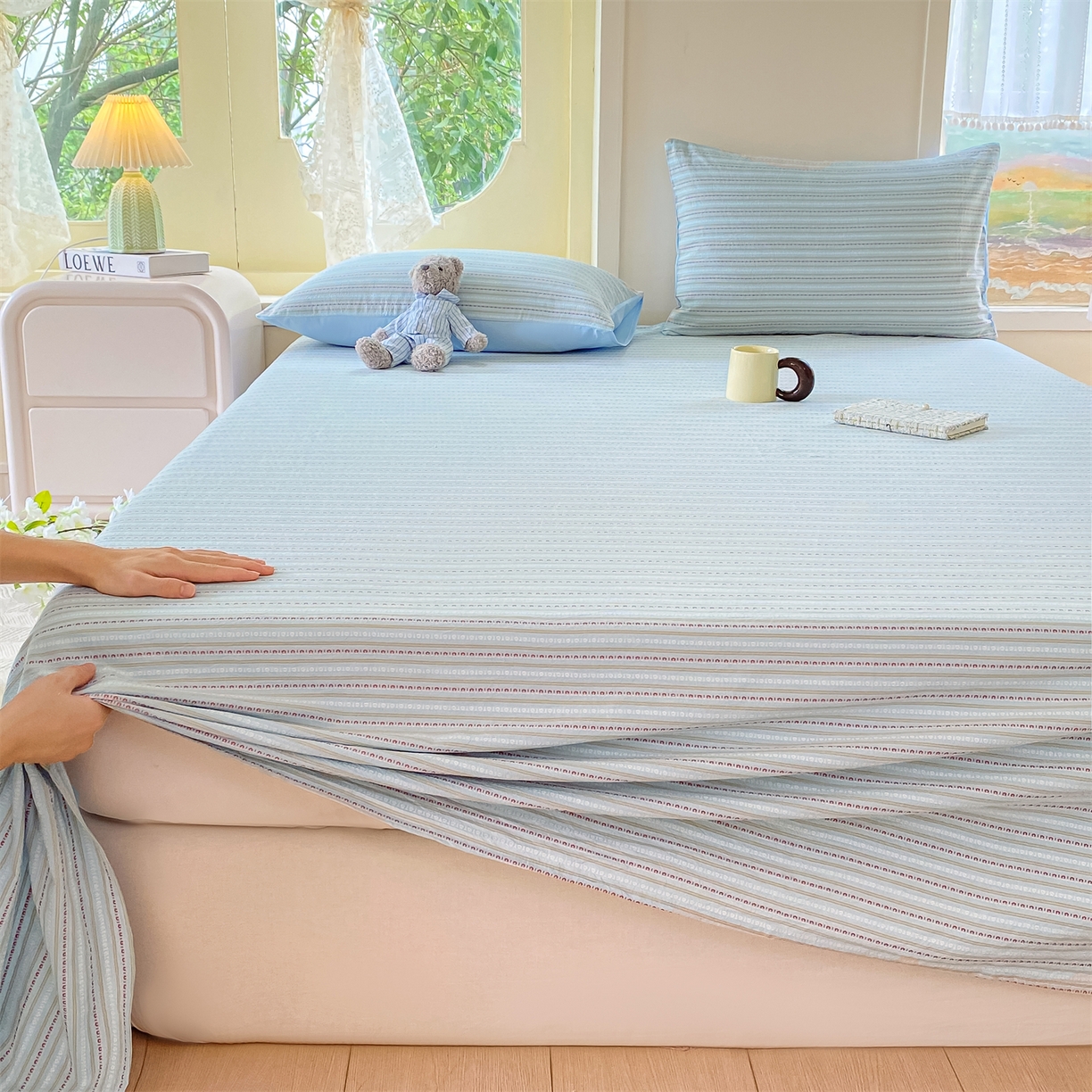 91家纺网 家纺一手货源 找家纺 灰鲸 2025新款全棉色织提花单品床单 美拉-蓝