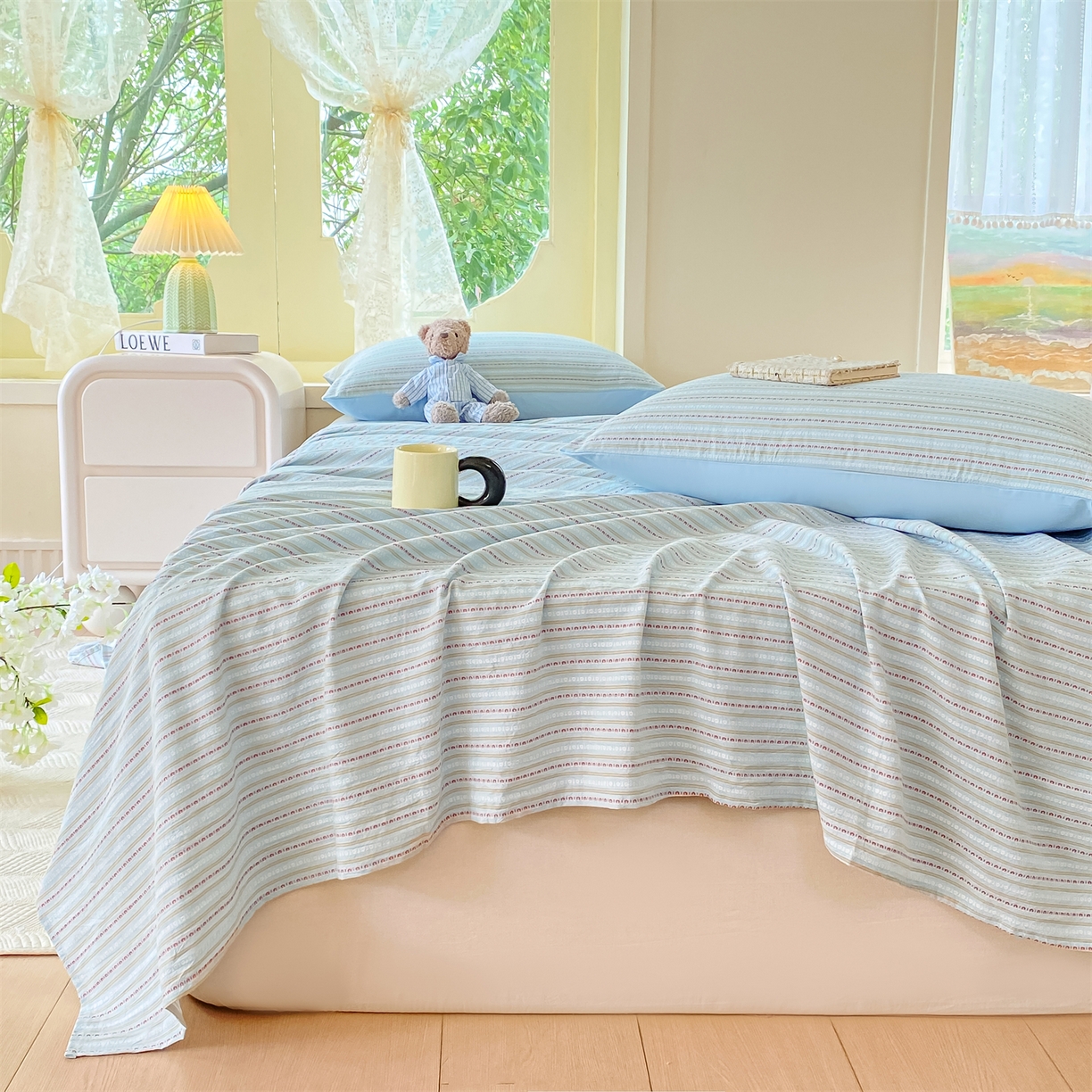 91家纺网 家纺一手货源 找家纺 灰鲸 2025新款全棉色织提花单品床单 美拉-蓝