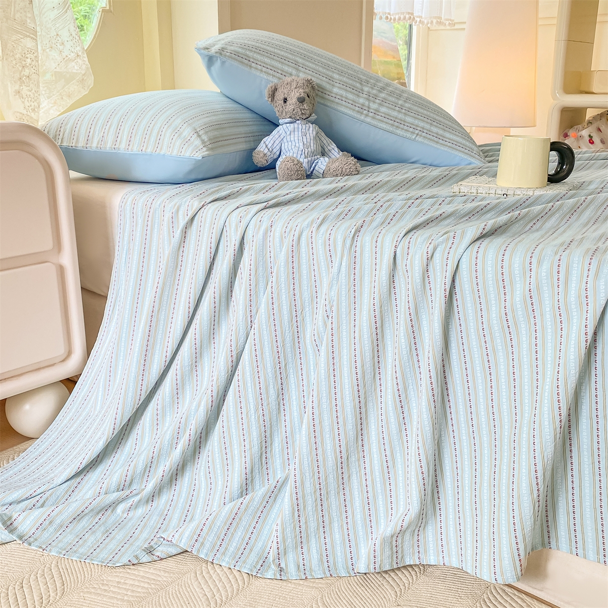 91家纺网 家纺一手货源 找家纺 灰鲸 2025新款全棉色织提花单品床单 美拉-蓝