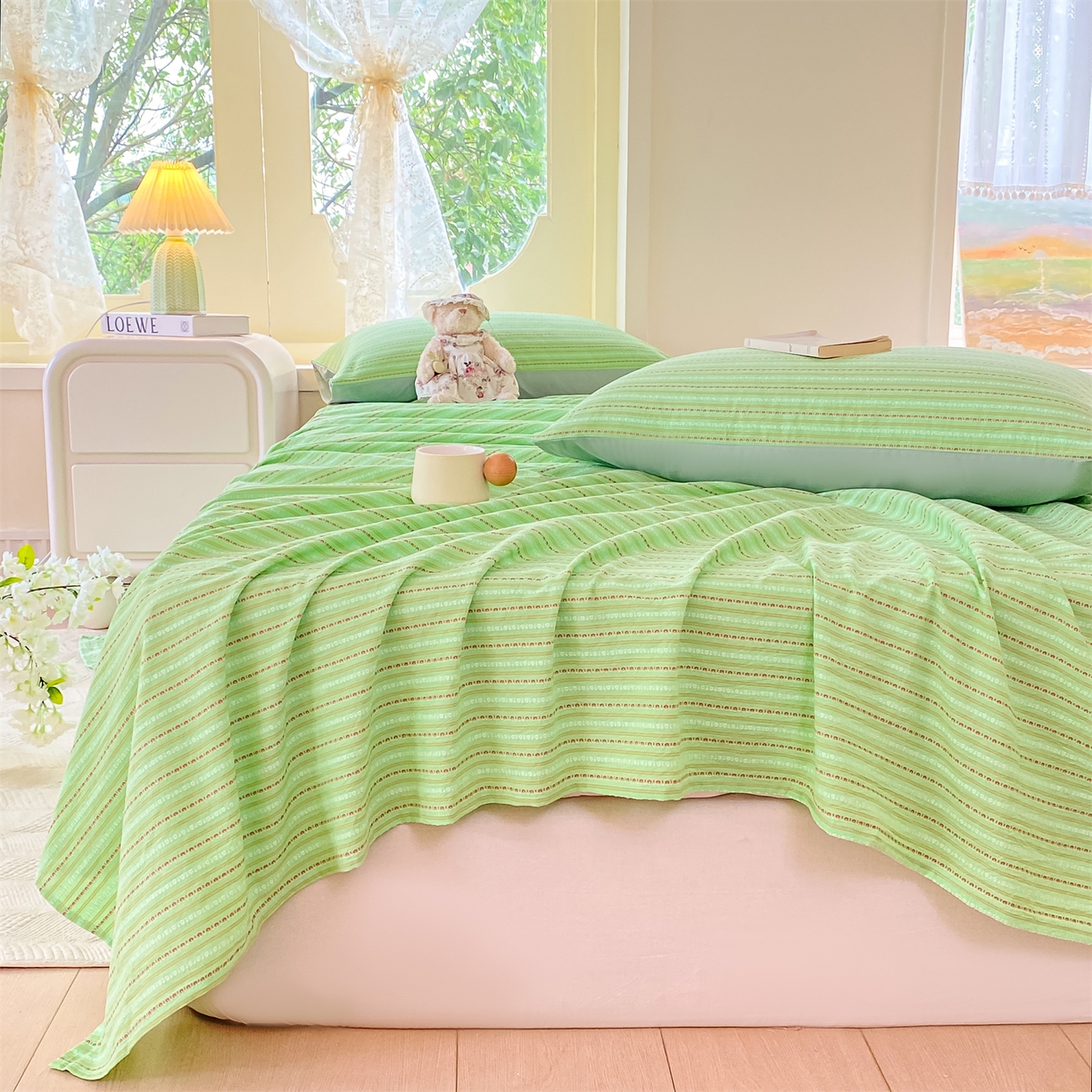 91家纺网 家纺一手货源 找家纺 灰鲸 2025新款全棉色织提花单品床单 美拉-绿