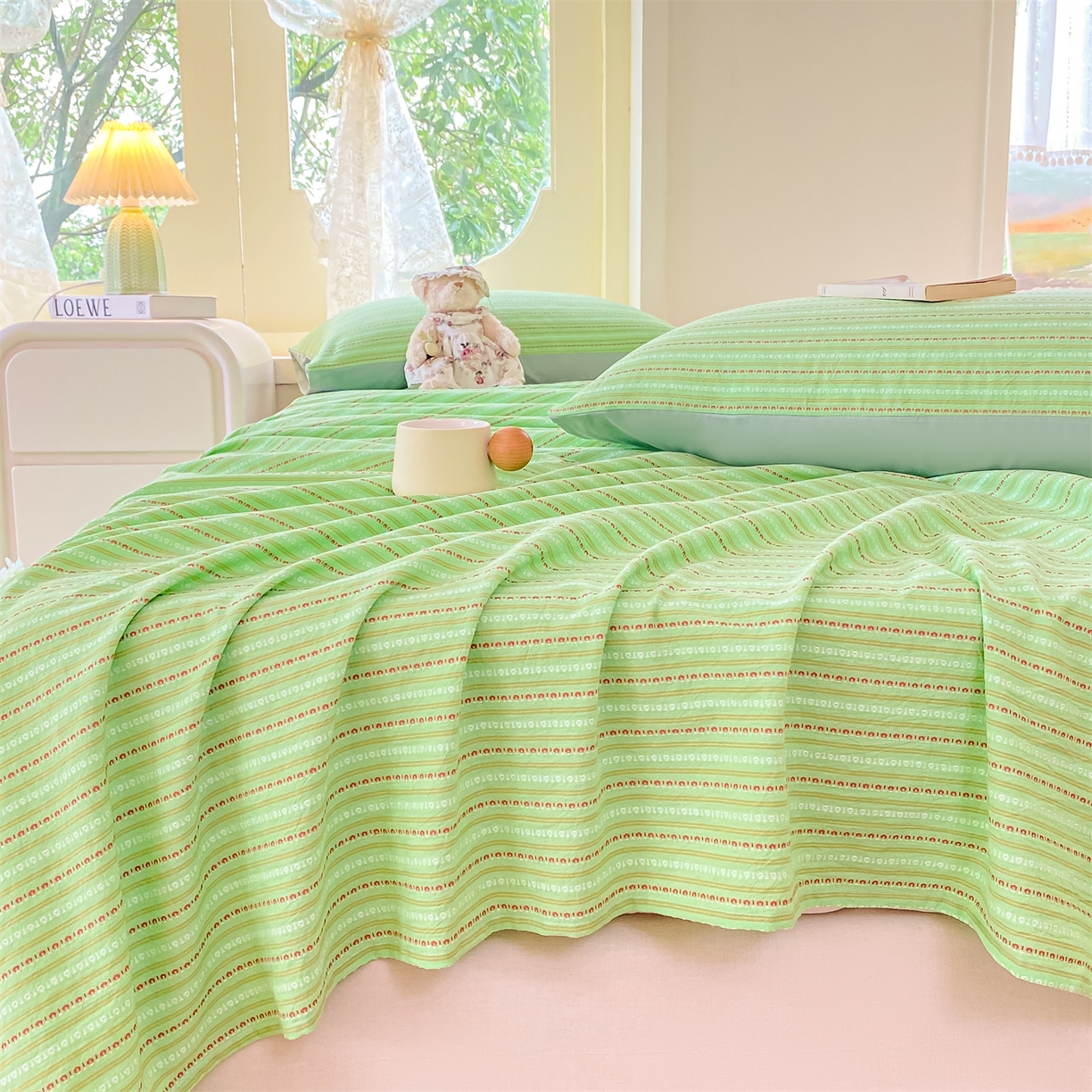 91家纺网 家纺一手货源 找家纺 灰鲸 2025新款全棉色织提花单品床单 美拉-绿