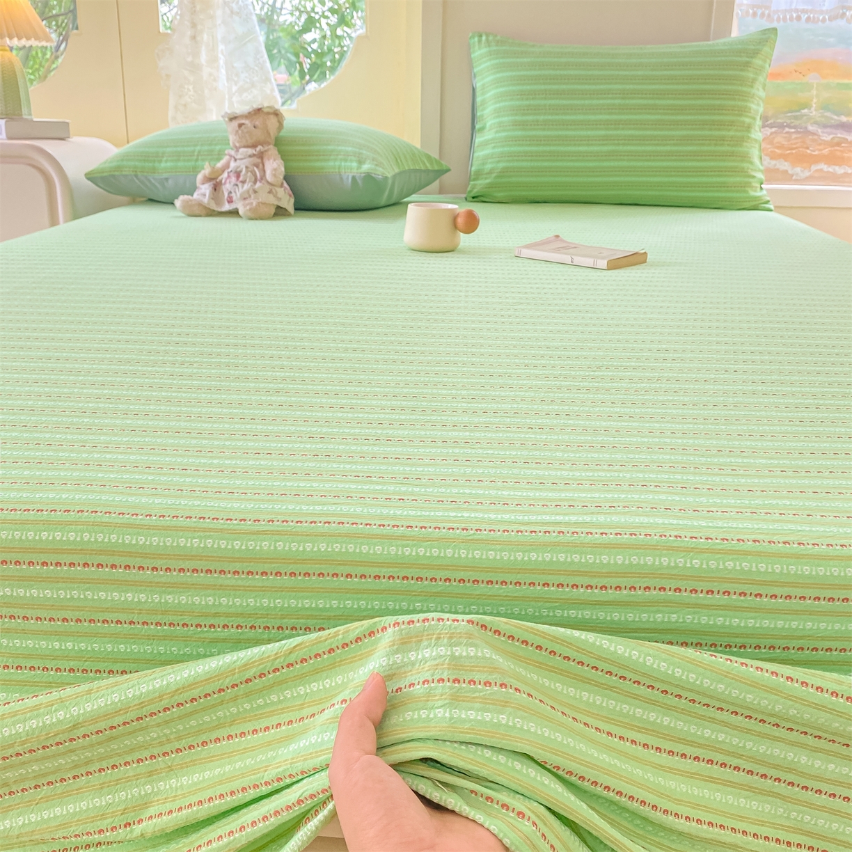 91家纺网 家纺一手货源 找家纺 灰鲸 2025新款全棉色织提花单品床单 美拉-绿