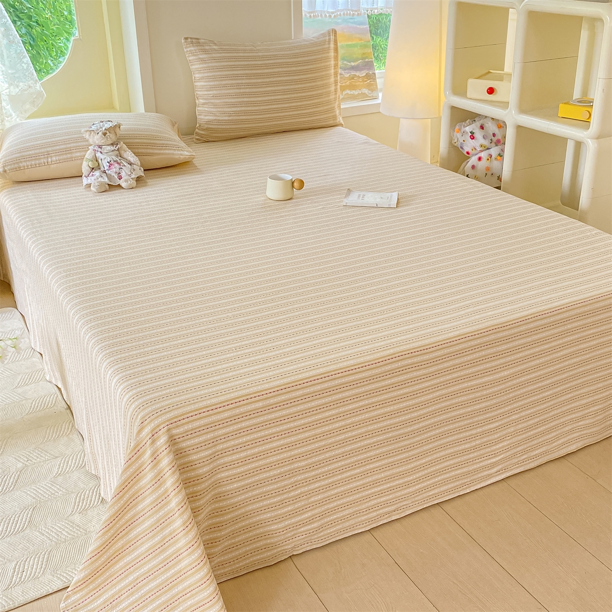 91家纺网 家纺一手货源 找家纺 灰鲸 2025新款全棉色织提花单品床单 美拉-杏