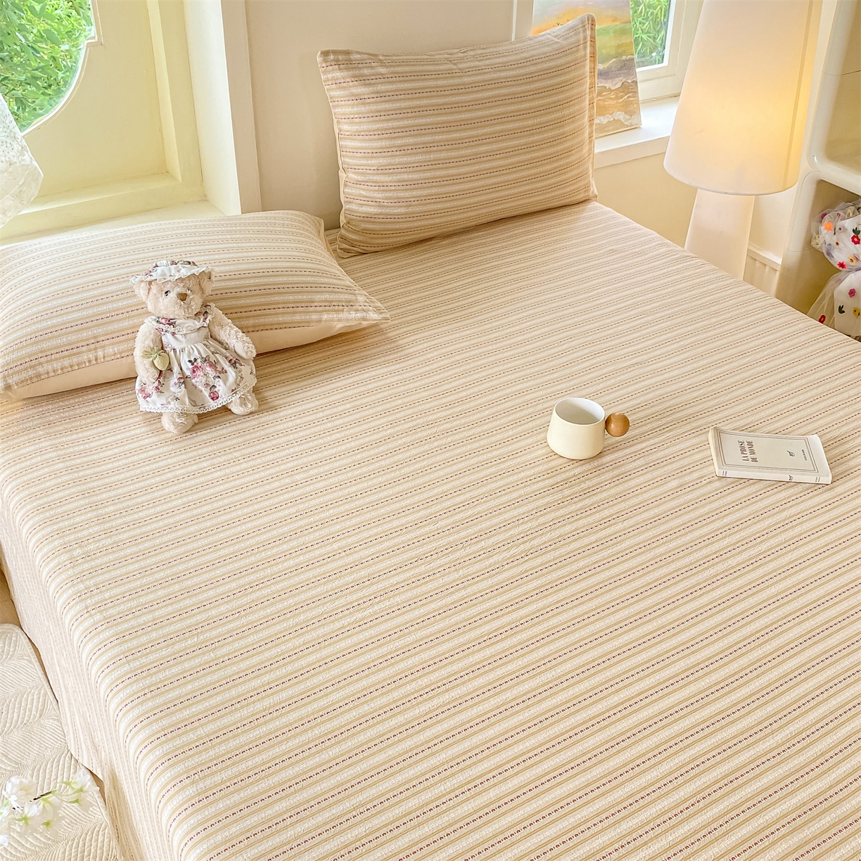 91家纺网 家纺一手货源 找家纺 灰鲸 2025新款全棉色织提花单品床单 美拉-杏