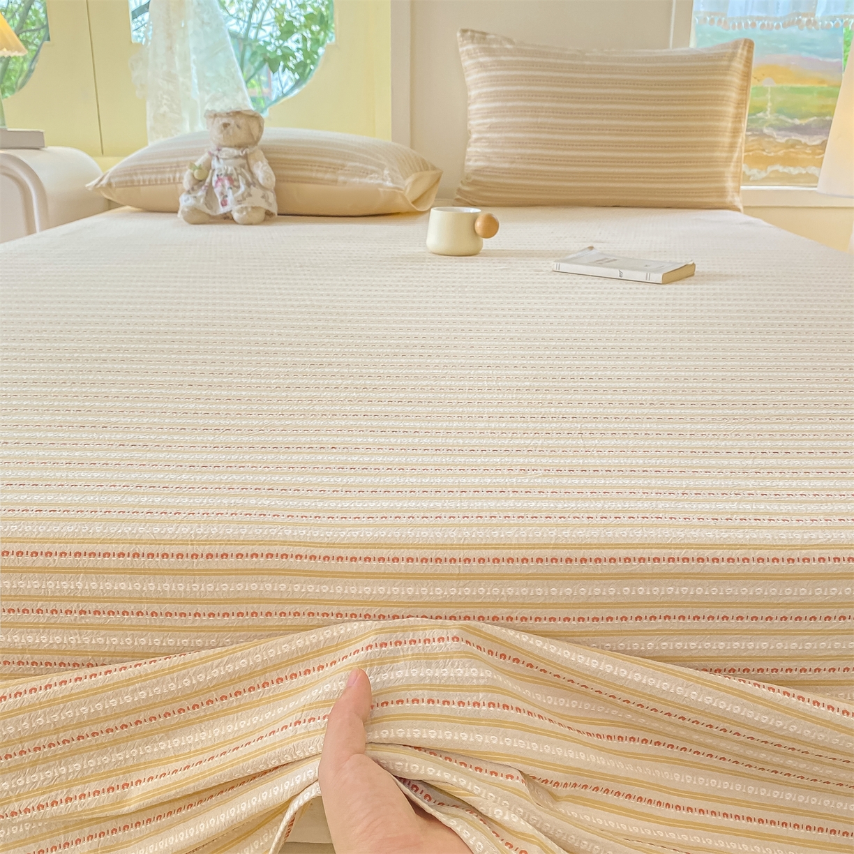 91家纺网 家纺一手货源 找家纺 灰鲸 2025新款全棉色织提花单品床单 美拉-杏